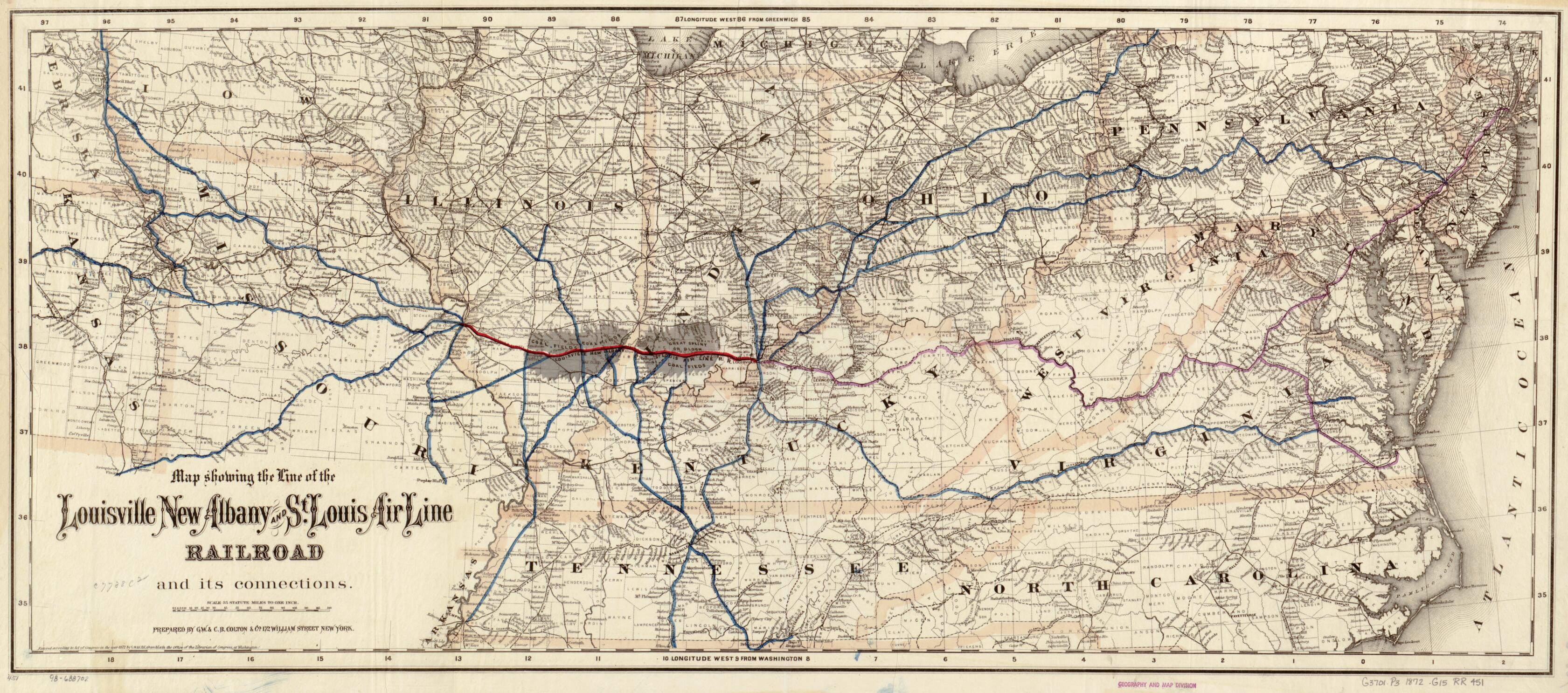 This old map of Map Showing the Line of the Louisville, New Albany, and St. Louis Air Line Railroad and Its Connections from 1872 was created by G.W. & C.B. Colton & Co, New Albany Louisville in 1872