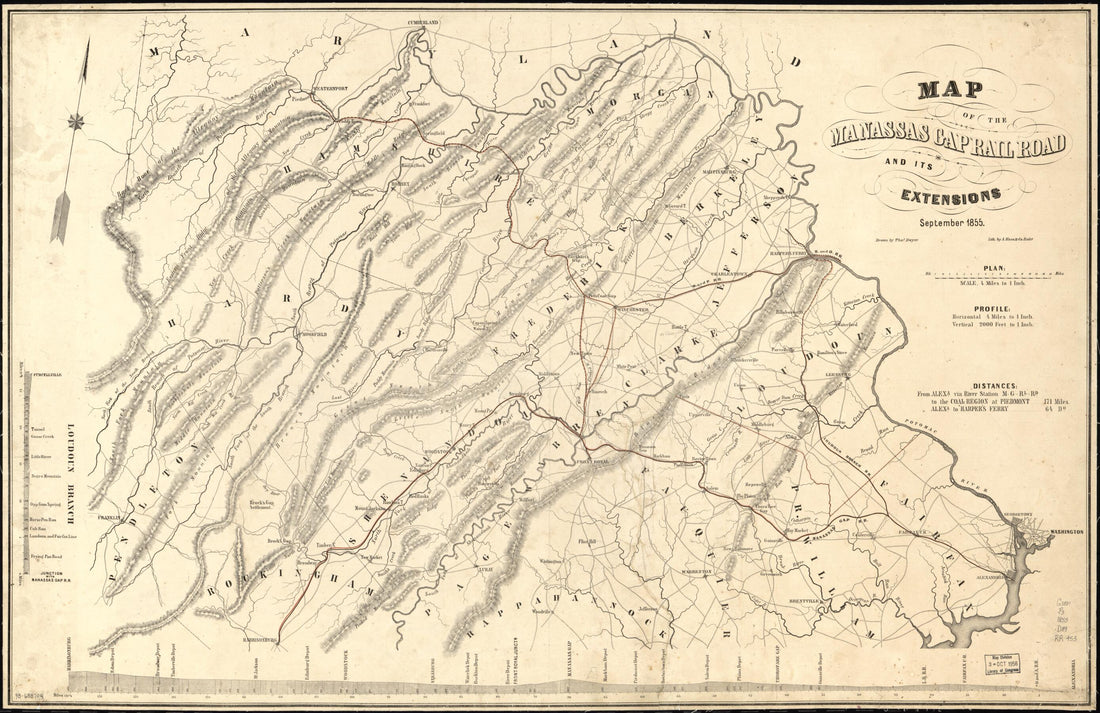 This old map of Map of the Manassas Gap Railroad and Its Extensions; September, from 1855 was created by Thomas Dwyer, Manassas Gap Railroad Company in 1855