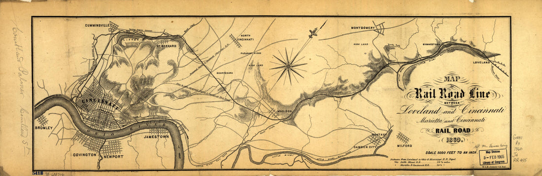 This old map of Map of Rail Road Line Between Loveland and Cincinnati; Marietta and Cincinnati Rail Road from 1860 was created by W. L. B. (William Le Baron) Jenney, Marietta and Cincinnati Railroad Company in 1860