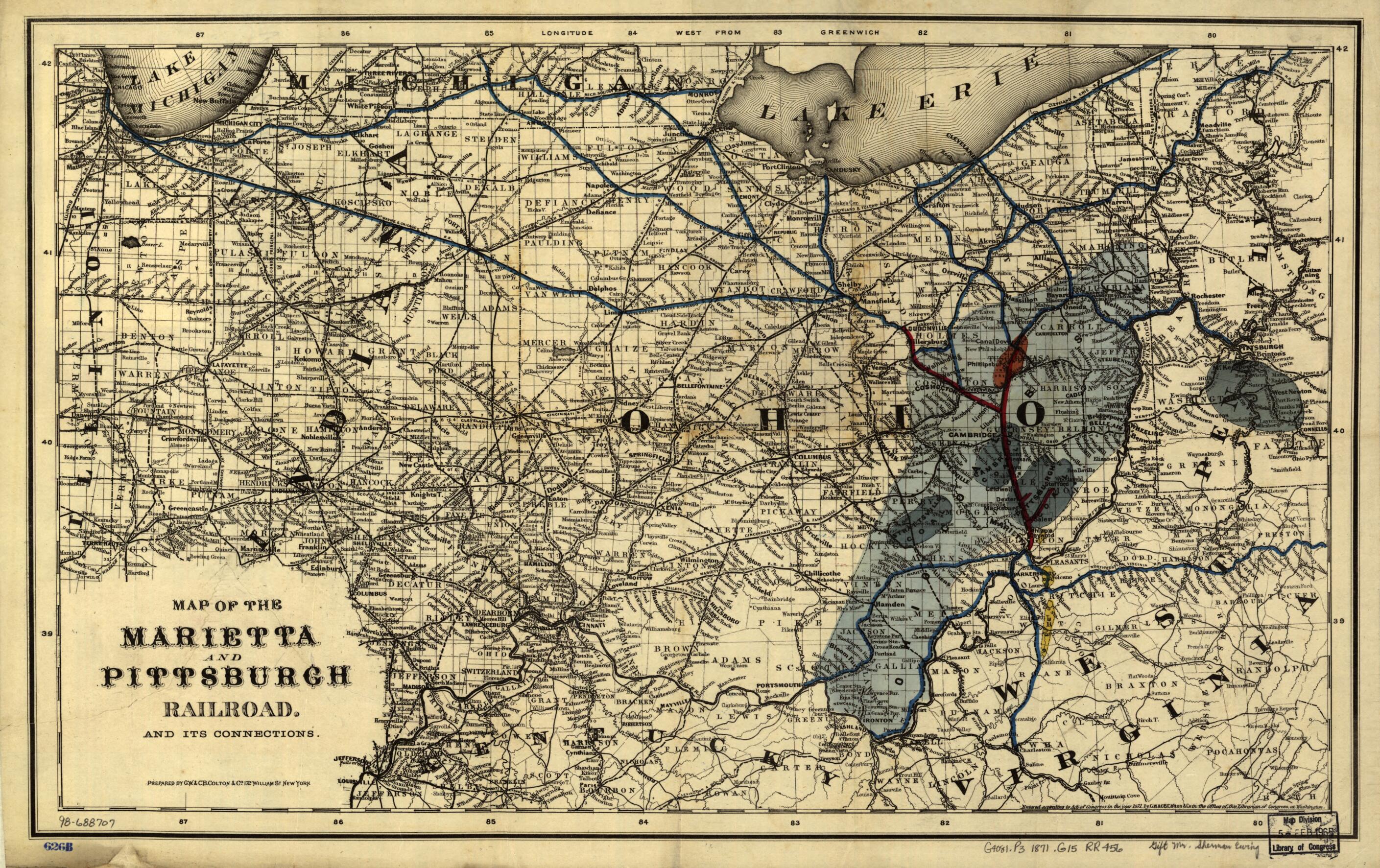This old map of Map of the Marietta and Pittsburgh Railroad and Its Connections from 1871 was created by G.W. & C.B. Colton & Co, Marietta and Pittsburgh Railroad in 1871