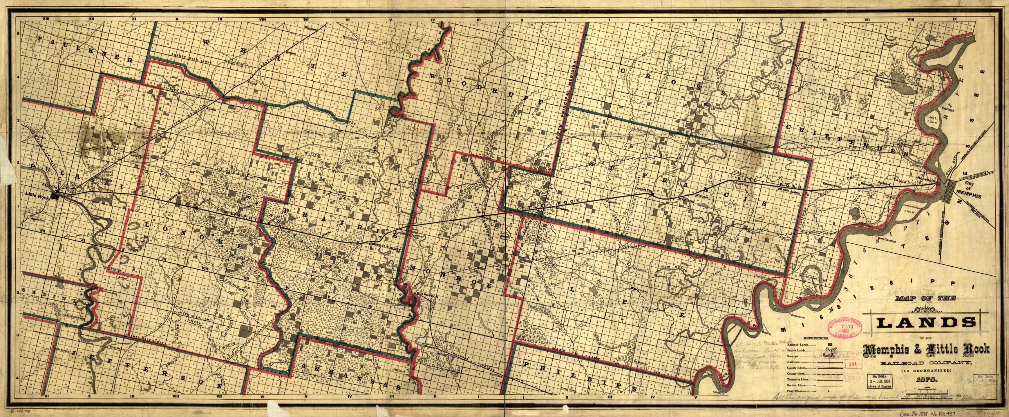 This old map of Map of the Lands of the Memphis & Little Rock Railroad Company (as Reorganized) from 1878 was created by Memphis and Little Rock Railroad Company, Tiernan Woodward in 1878