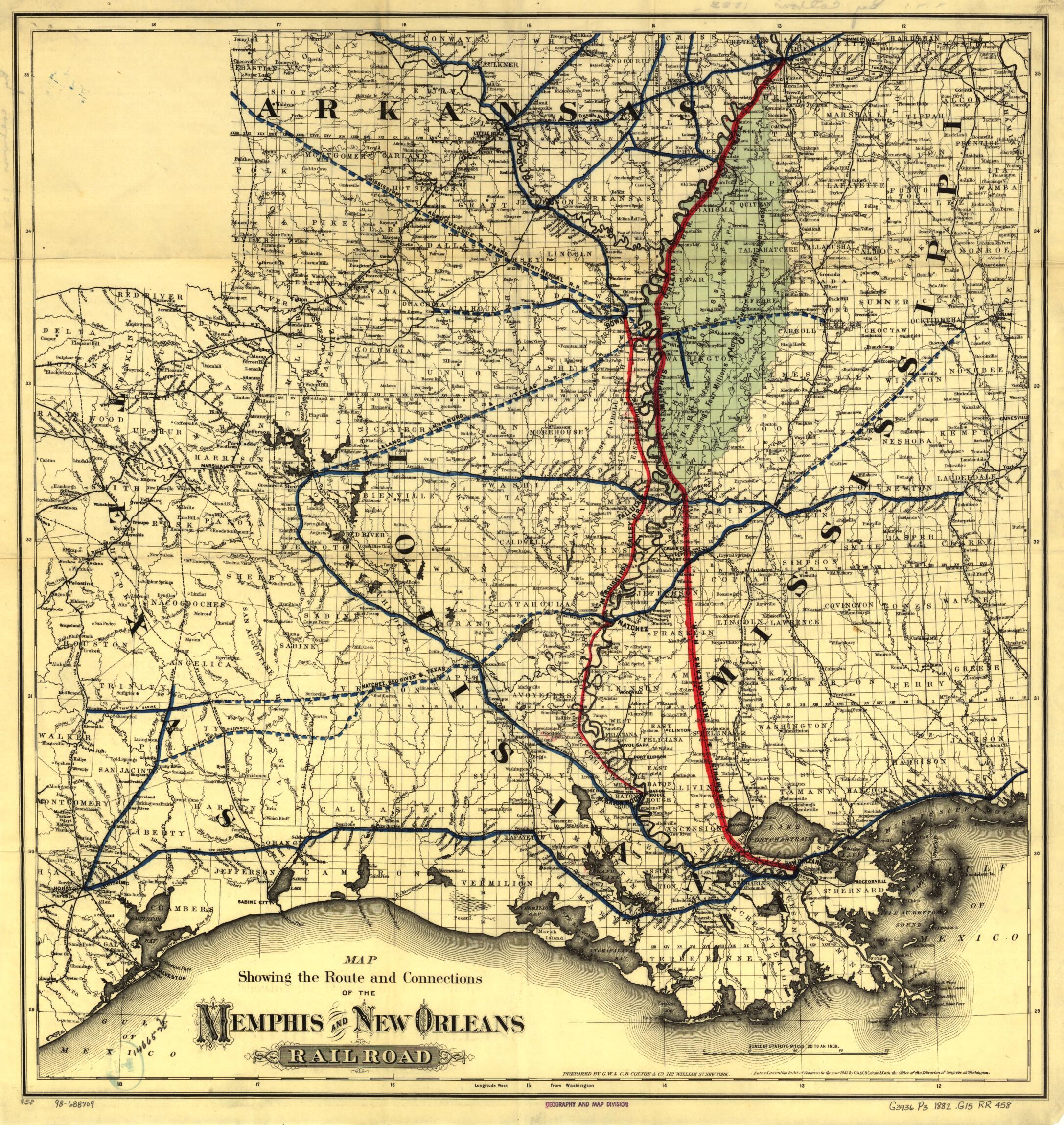 This old map of Map Showing the Route and Connections of the Memphis and New Orleans Railroad from 1882 was created by G.W. & C.B. Colton & Co, Memphis and New Orleans Railroad in 1882