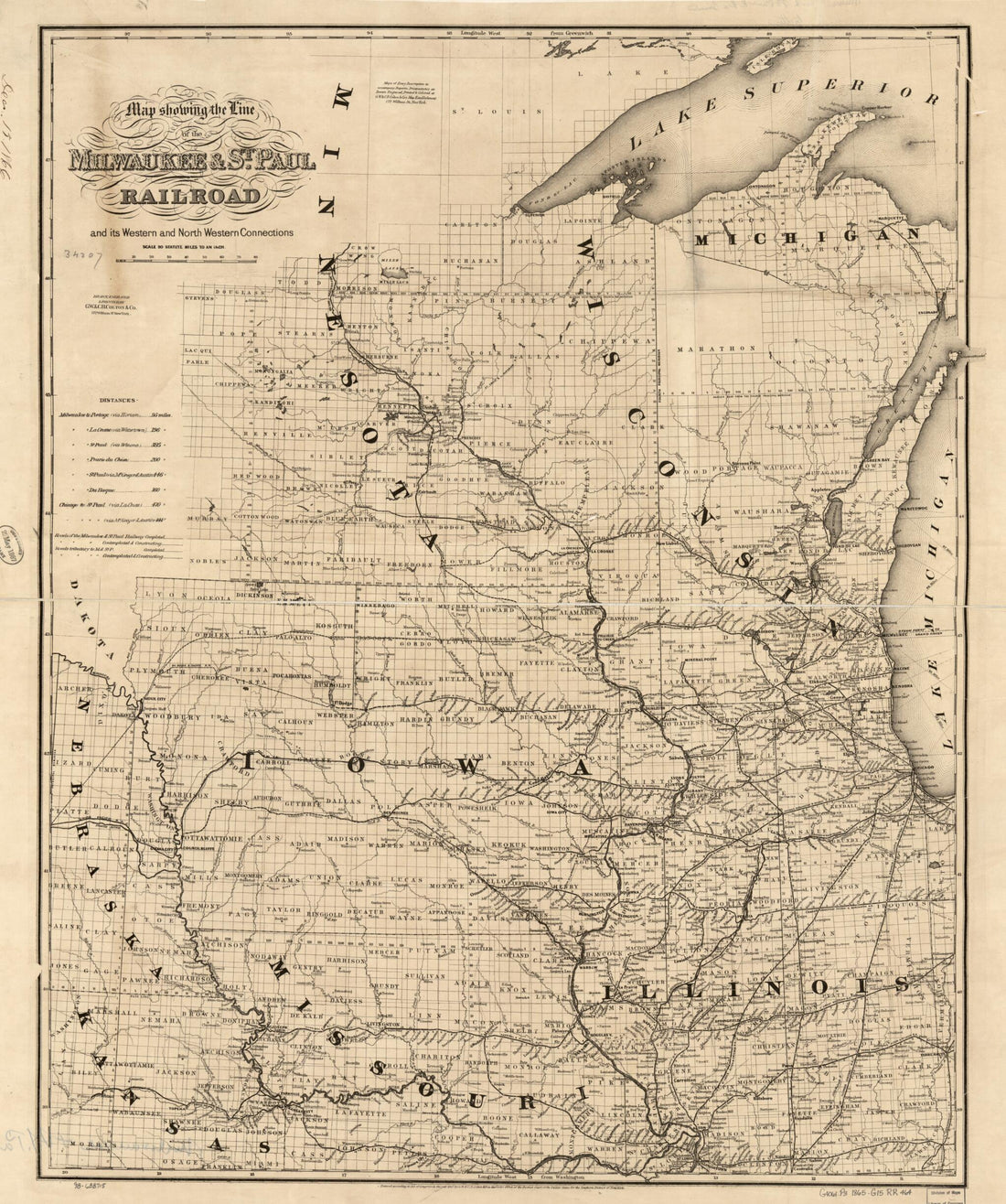 This old map of Map Showing the Line of the Milwaukee & St. Paul Railroad and Its Western and North Western Connections from 1865 was created by G.W. & C.B. Colton & Co, Milwaukee and St. Paul Railway Company in 1865