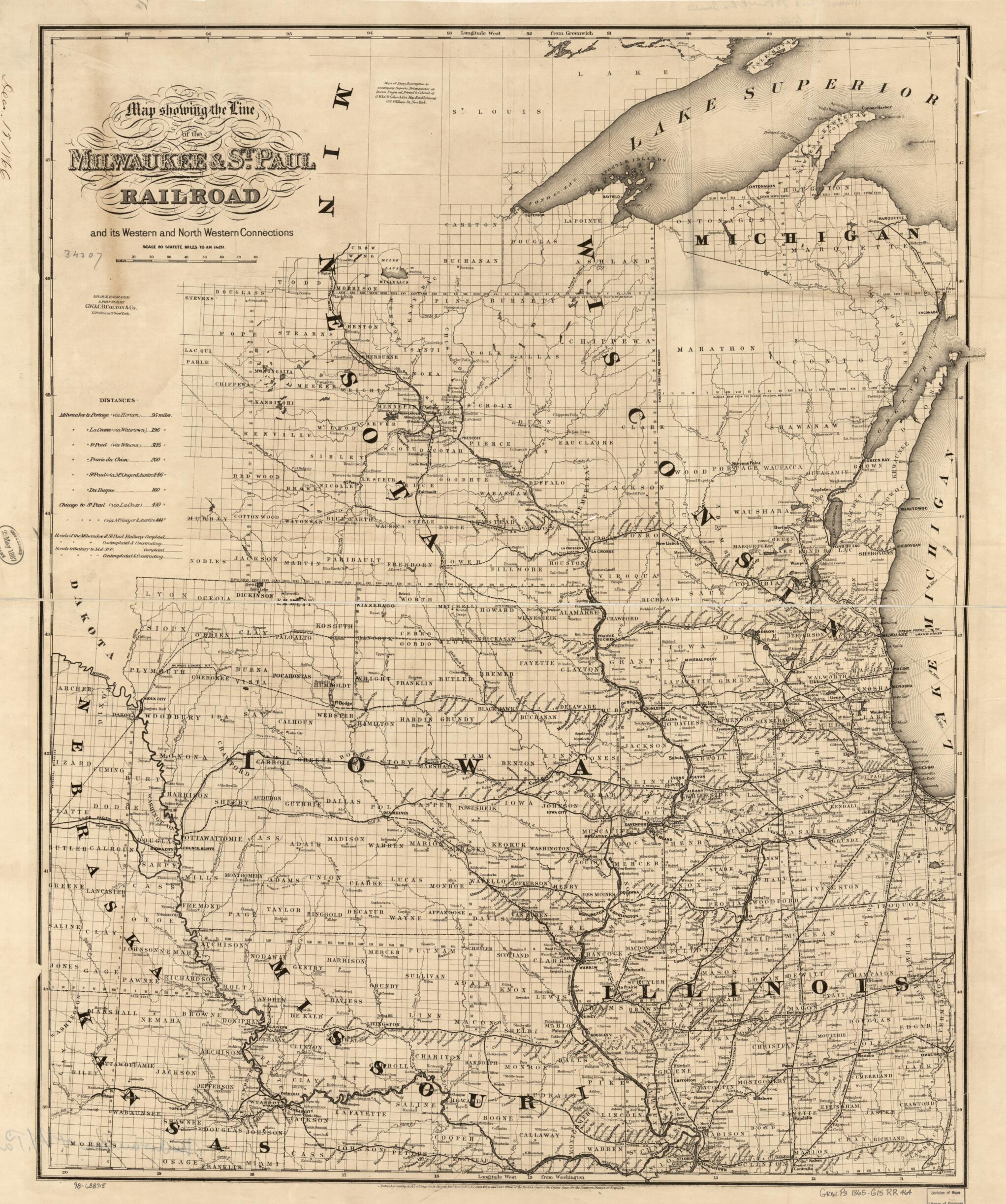 This old map of Map Showing the Line of the Milwaukee & St. Paul Railroad and Its Western and North Western Connections from 1865 was created by G.W. & C.B. Colton & Co, Milwaukee and St. Paul Railway Company in 1865