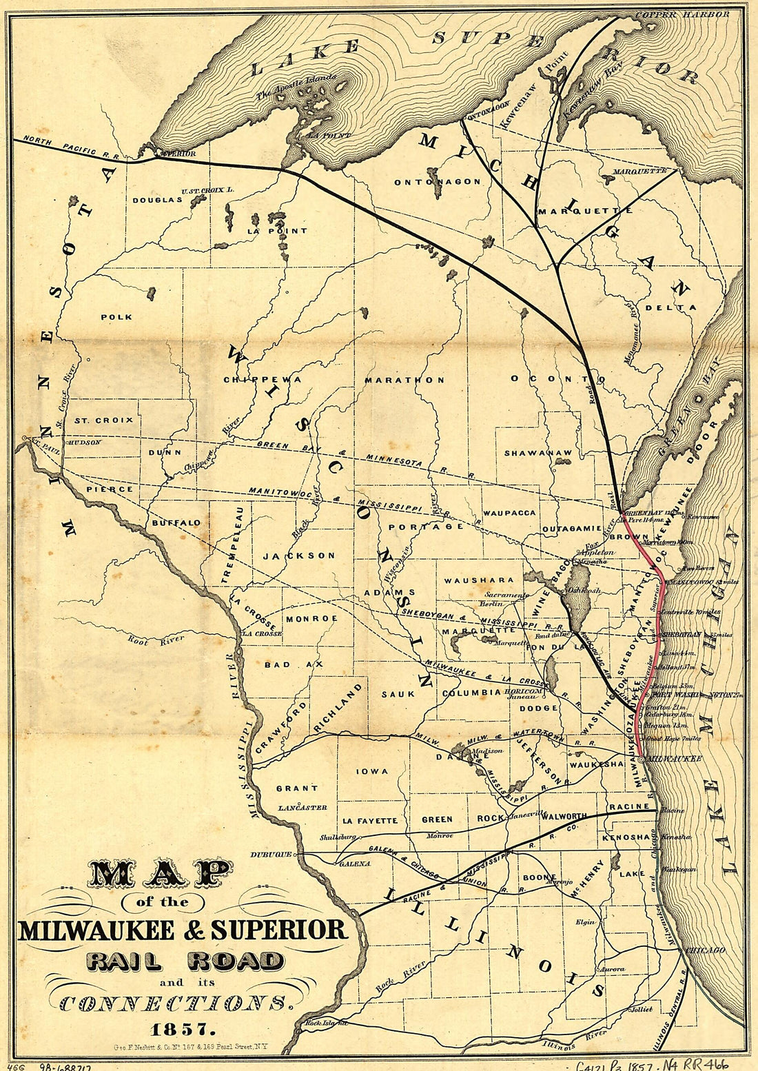 This old map of Map of the Milwaukee & Superior Rail Road and Its Connections from 1857 was created by Milwaukee and Superior Railroad Company, Nesbitt (Geo. F.) & Company in 1857