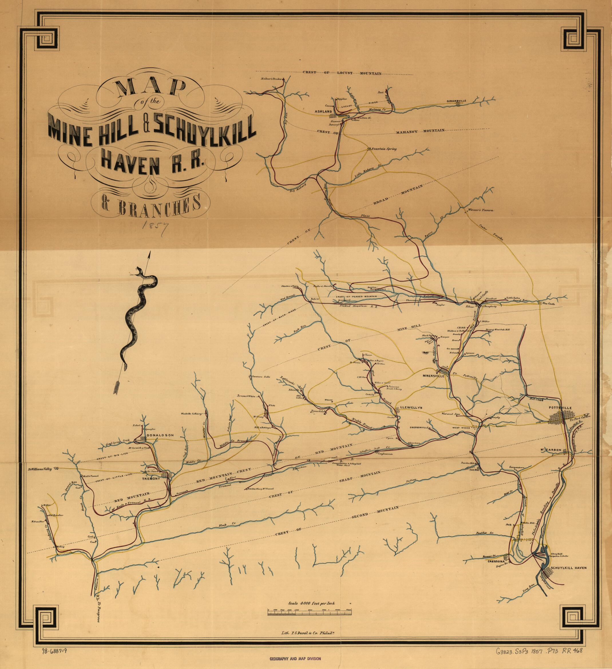 This old map of Map of the Mine Hill & Schuylkill Haven R.R. & Branches from 1857 was created by Mine Hill and Schuylkill Haven Railroad Company, P.S. Duval & Co in 1857