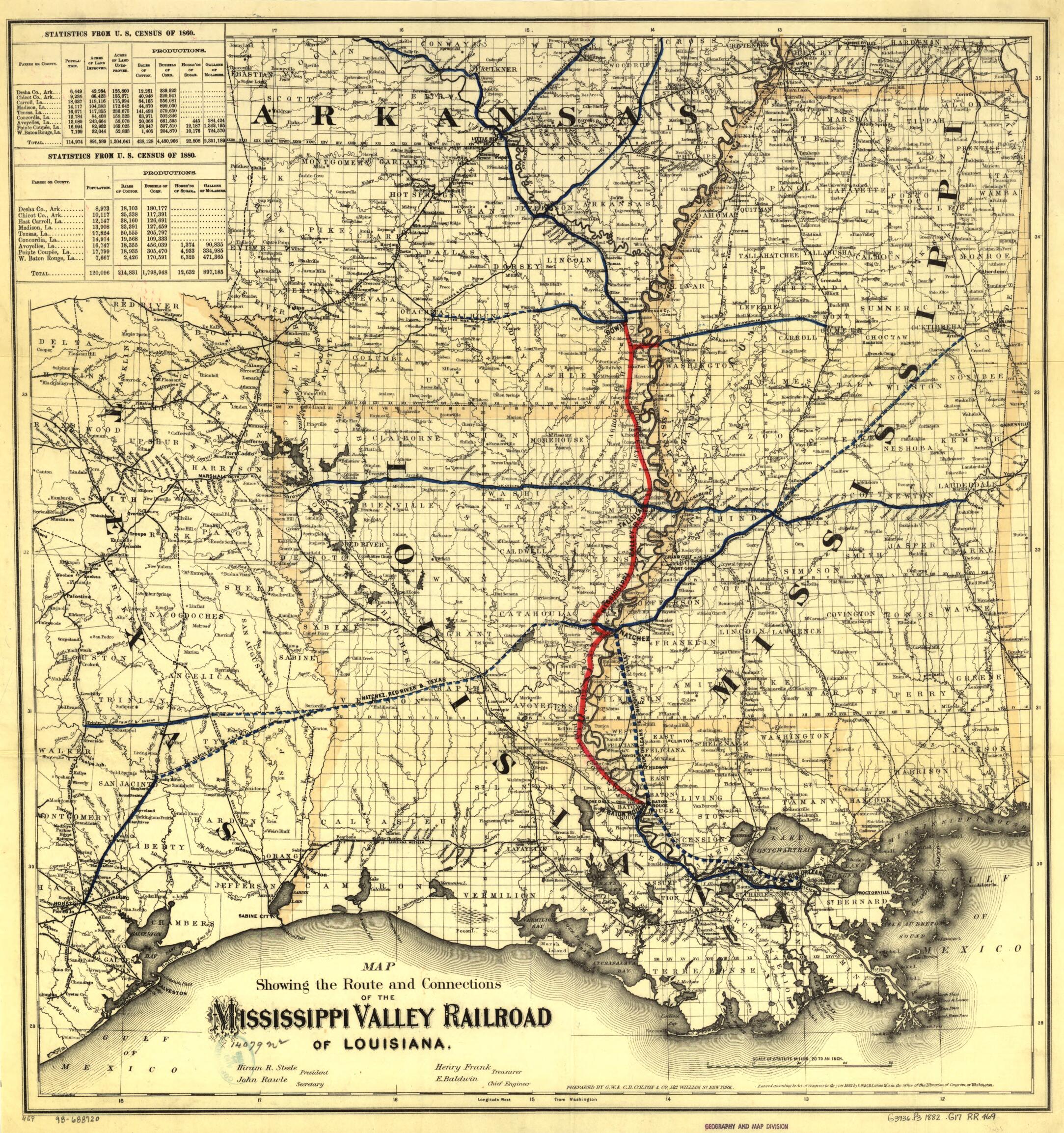 This old map of Map Showing the Route and Connections of the Mississippi Valley Railroad of Louisiana; E. Baldwin, Chief Engineer from 1882 was created by G.W. & C.B. Colton & Co, Mississippi Valley Railroad in 1882