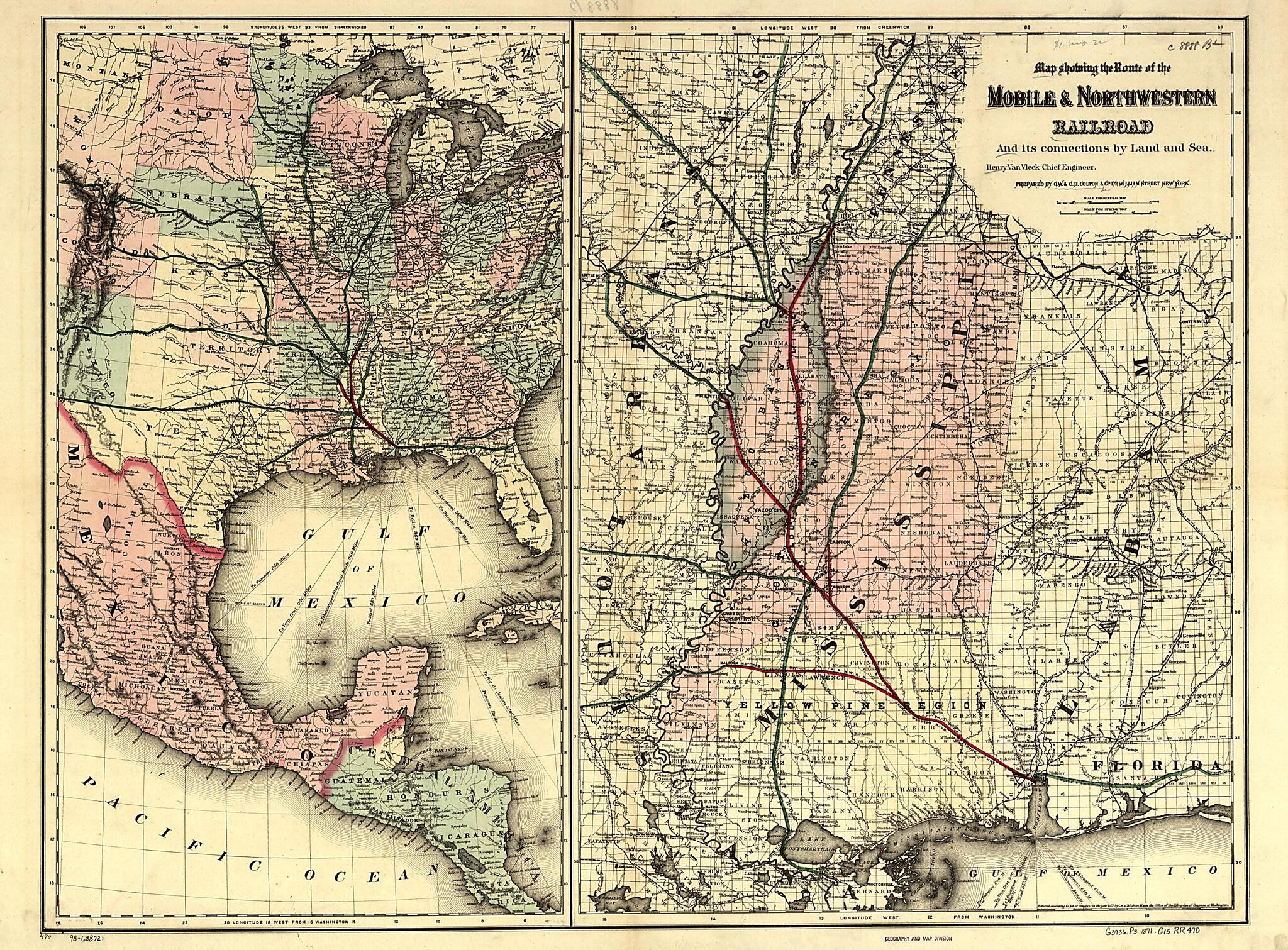This old map of Map Showing the Route of the Mobile & North Western Railroad, and Its Connections by Land and Sea; Henry Van Vleck Chief Engineer from 1871 was created by G.W. & C.B. Colton & Co, Mobile and Northwestern Railroad Company in 1871