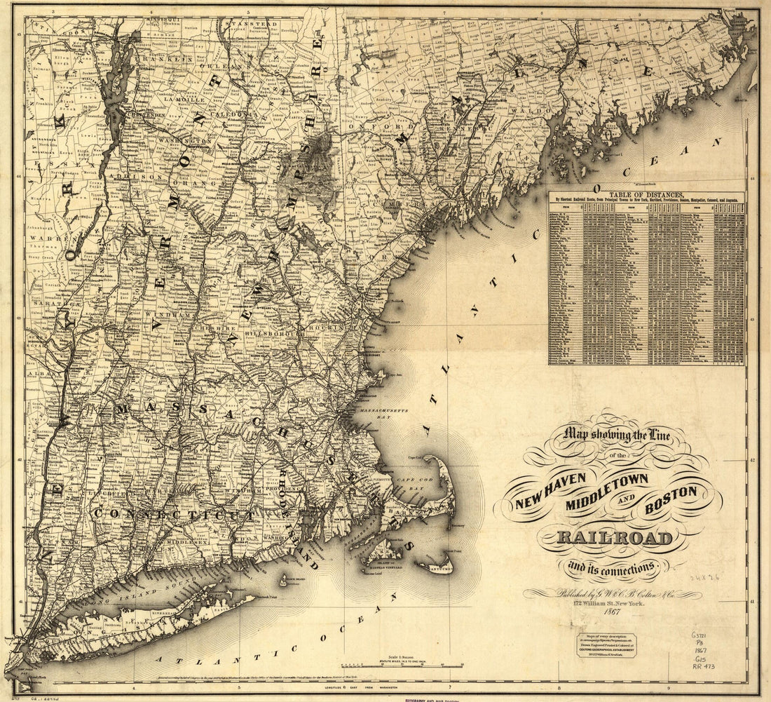 This old map of Map Showing the Line of the New Haven, Middletown, and Boston Railroad and Its Connections from 1867 was created by G.W. & C.B. Colton & Co, Middletown New Haven in 1867