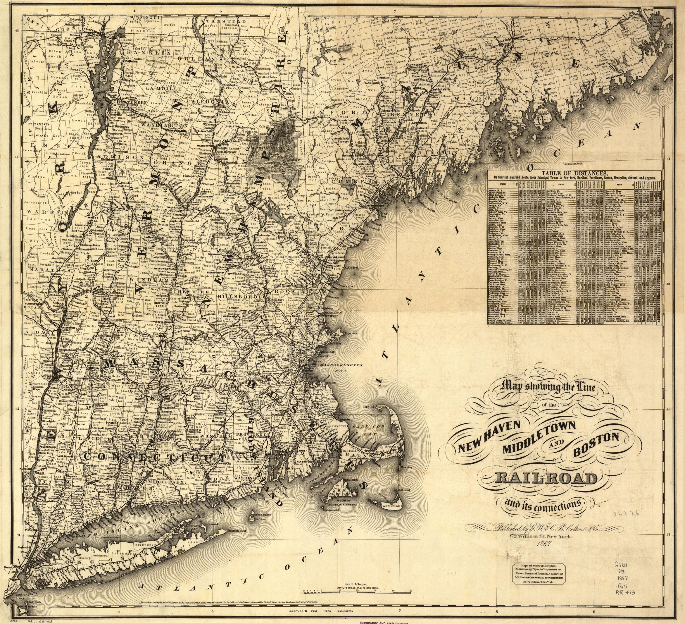 This old map of Map Showing the Line of the New Haven, Middletown, and Boston Railroad and Its Connections from 1867 was created by G.W. & C.B. Colton & Co, Middletown New Haven in 1867