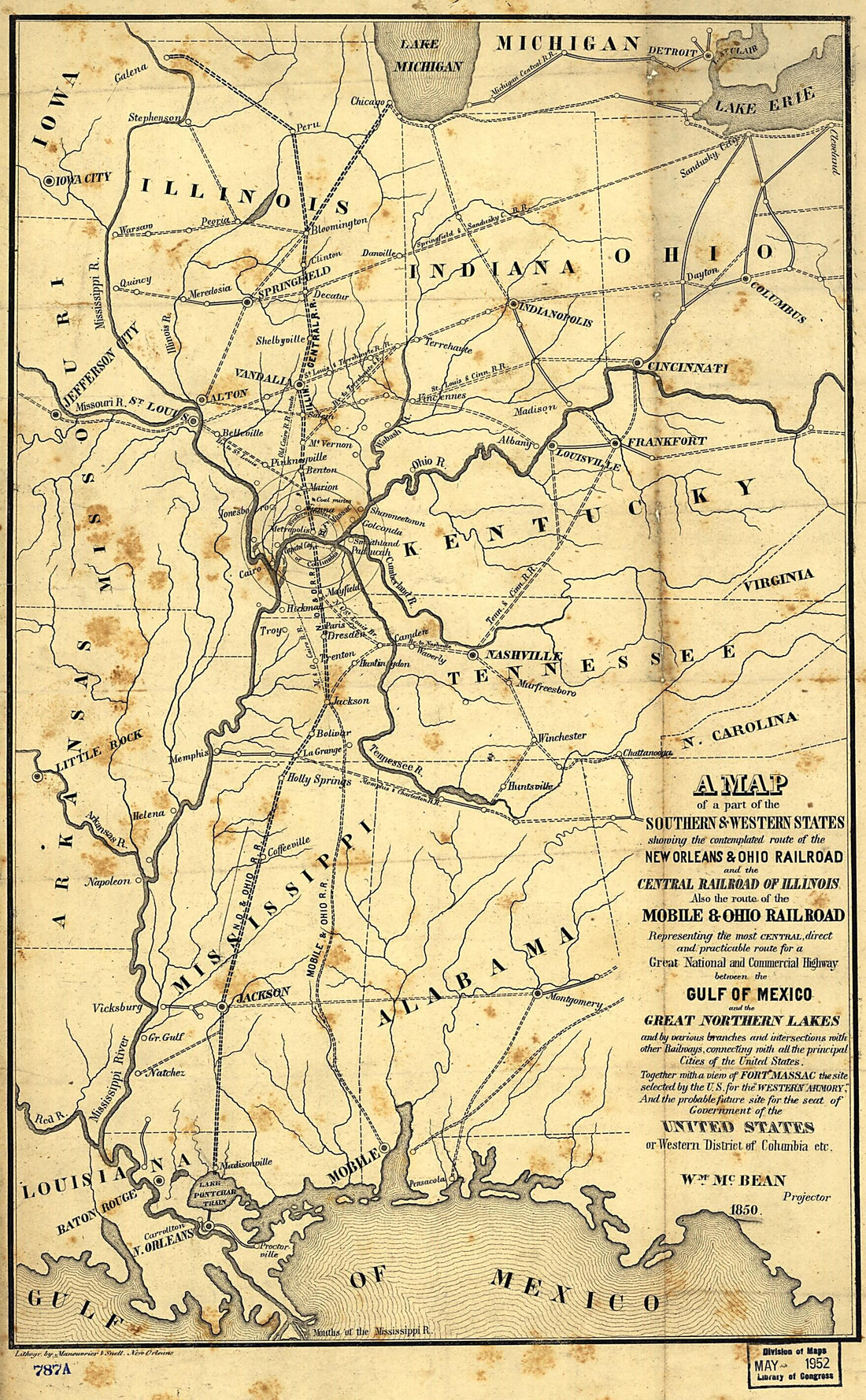 This old map of A Map of a Part of the Southern & Western States Showing the Contemplated Route of the New Orleans & Ohio Railroad and the Central Railroad of Illinois, Also the Route of the Mobile & Ohio Railroad Representing the Most Central, Direct an