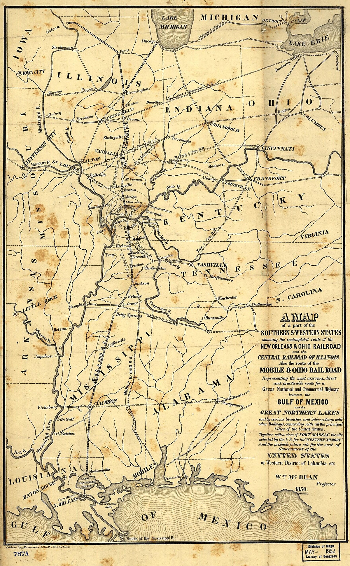 A Map of a Part of the Southern & Western States Showing the Contemplated Route of the New Orleans & Ohio Railroad and the Central Railroad of Illinois, Also the Route of the Mobile & Ohio Railroad Representing the Most Central, Direct and Practicable... by Relic Map Company