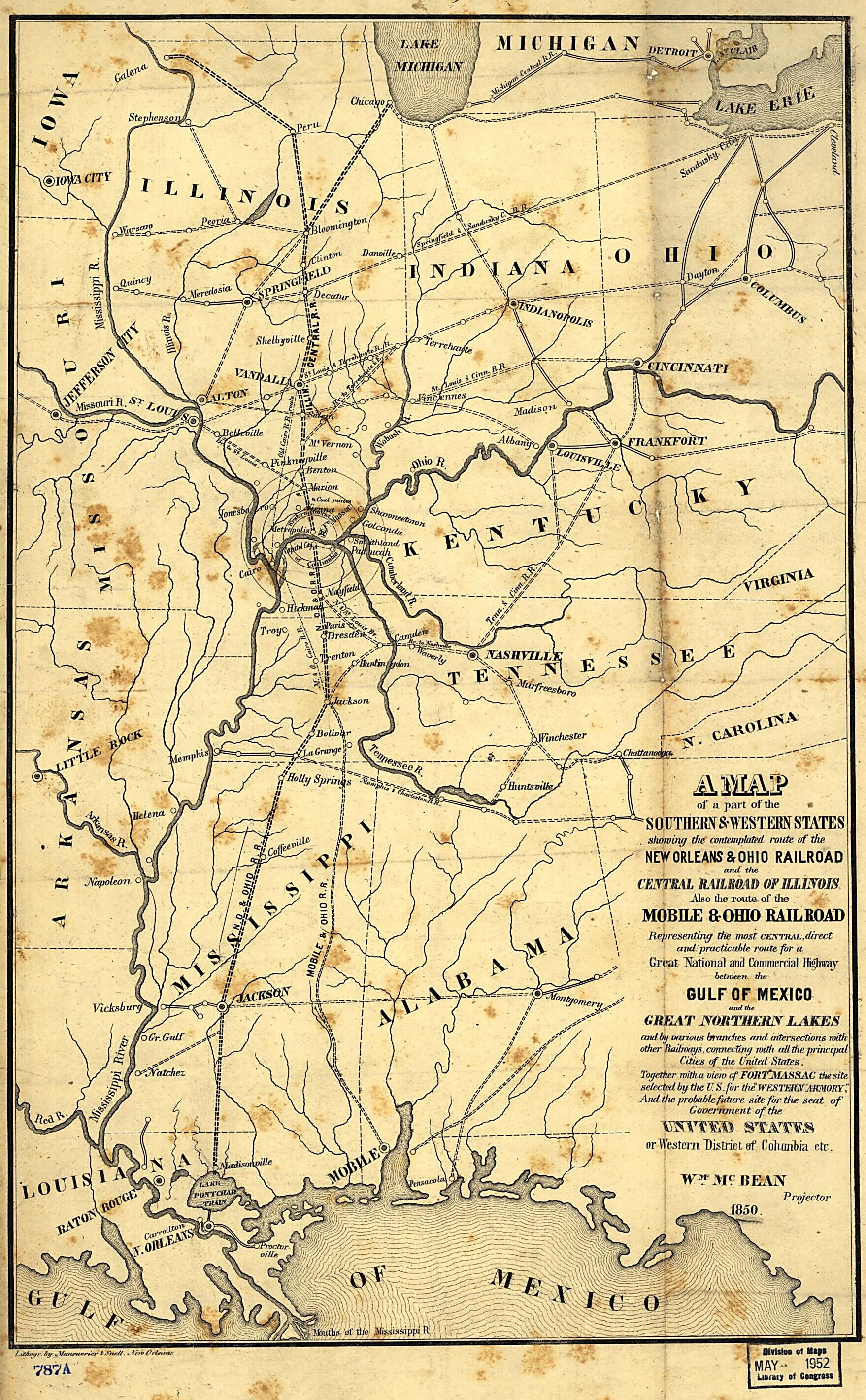 This old map of A Map of a Part of the Southern & Western States Showing the Contemplated Route of the New Orleans & Ohio Railroad and the Central Railroad of Illinois, Also the Route of the Mobile & Ohio Railroad Representing the Most Central, Direct an