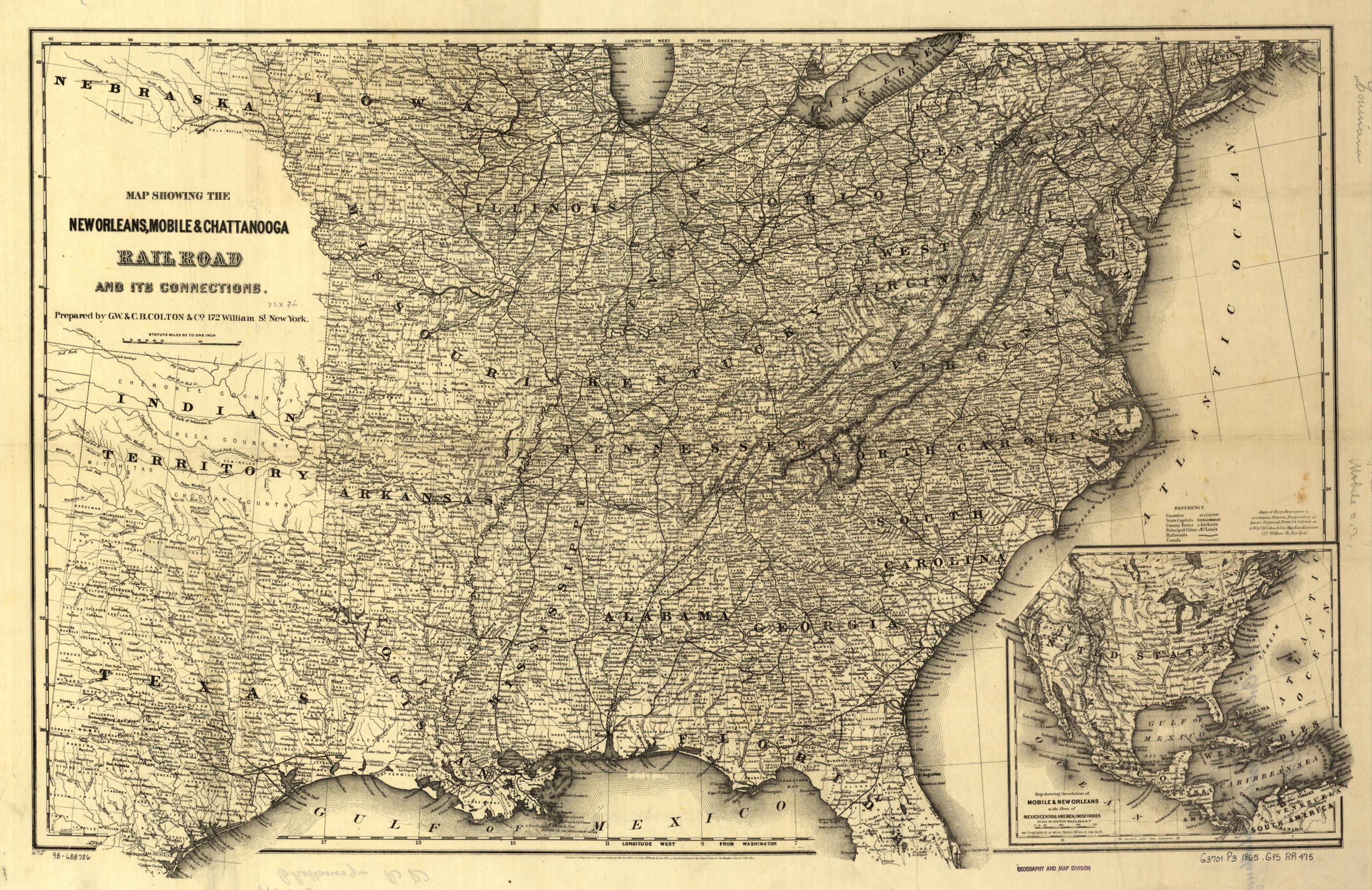 This old map of Map Showing the New Orleans, Mobile & Chattanooga Railroad and Its Connections from 1865 was created by G.W. & C.B. Colton & Co, Mobile New Orleans in 1865