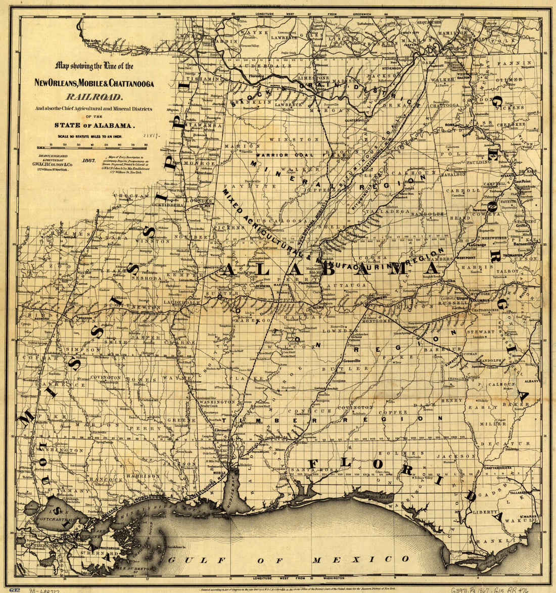 This old map of Map Showing the Line of the New Orleans, Mobile & Chattanooga Railroad, and Also the Chief Agricultural and Mineral Districts of the State of Alabama from 1867 was created by G.W. & C.B. Colton & Co, Mobile New Orleans in 1867