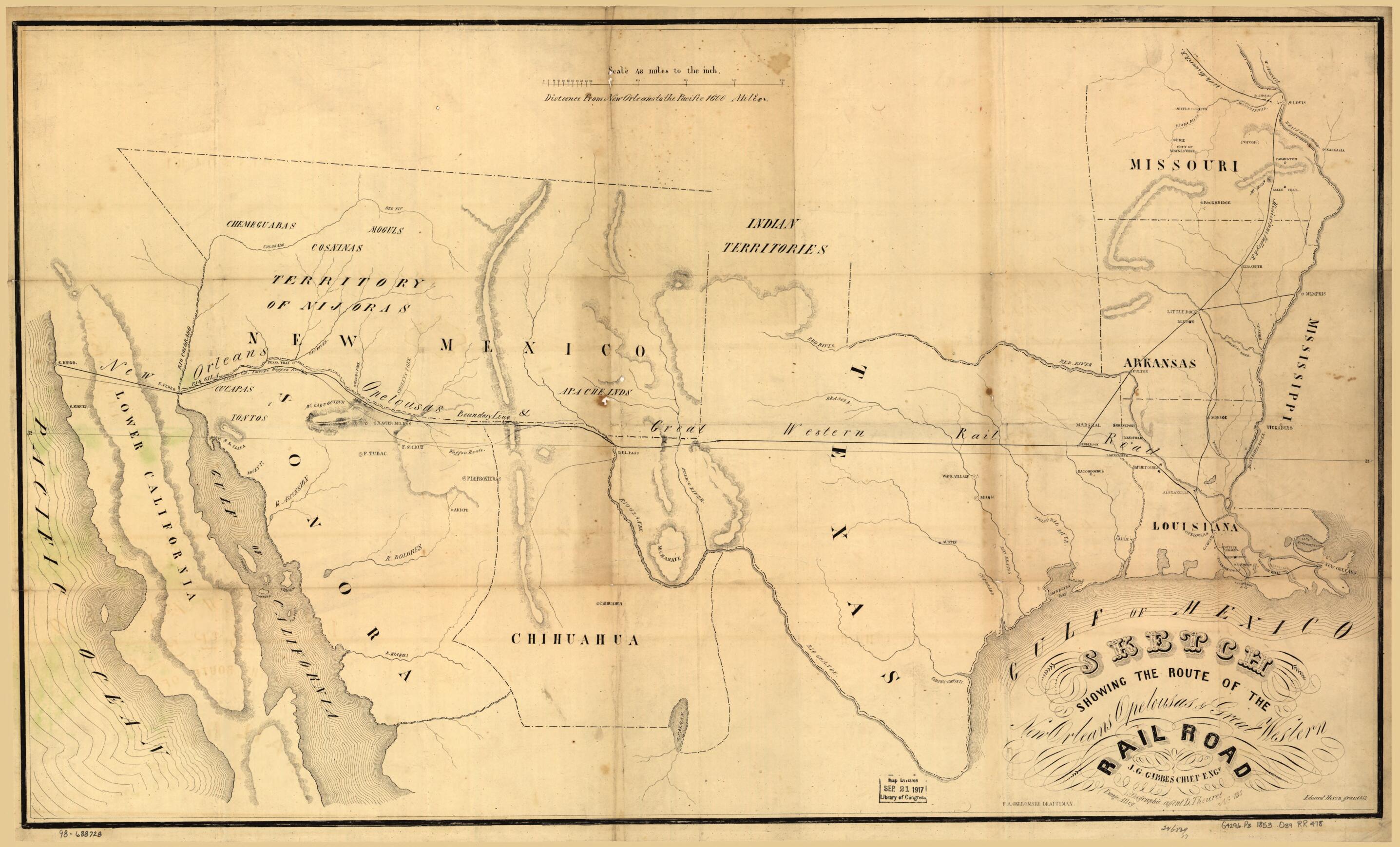 This old map of Sketch Showing the Route of the New Orleans, Opelousas & Great Western Rail Road, J. G. Gibbes, Chief Engr., Lithographie sic Agent D. Theuret, Exange Alley, Nr. 130 from 1853 was created by Opelousas New Orleans, F. A. Okelomski in 1853