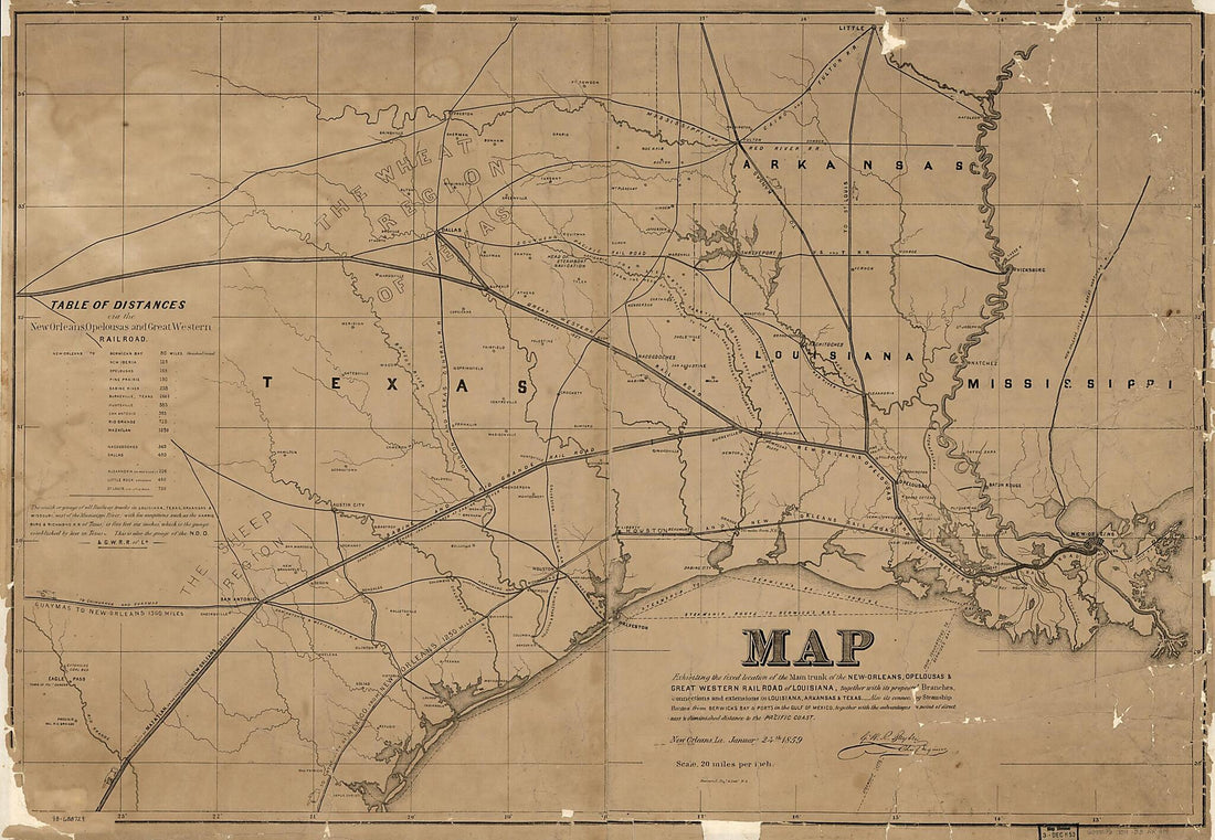 This old map of Orleans, Opelousas & Great Western Railroad of Louisiana, Together With Its Proposed Branches, Connections and Extensions In Louisiana, Arkansas & Texas; Also Its Connecting Steamship Routes from Berwicks Bay to Ports In the Gulf of Mexic