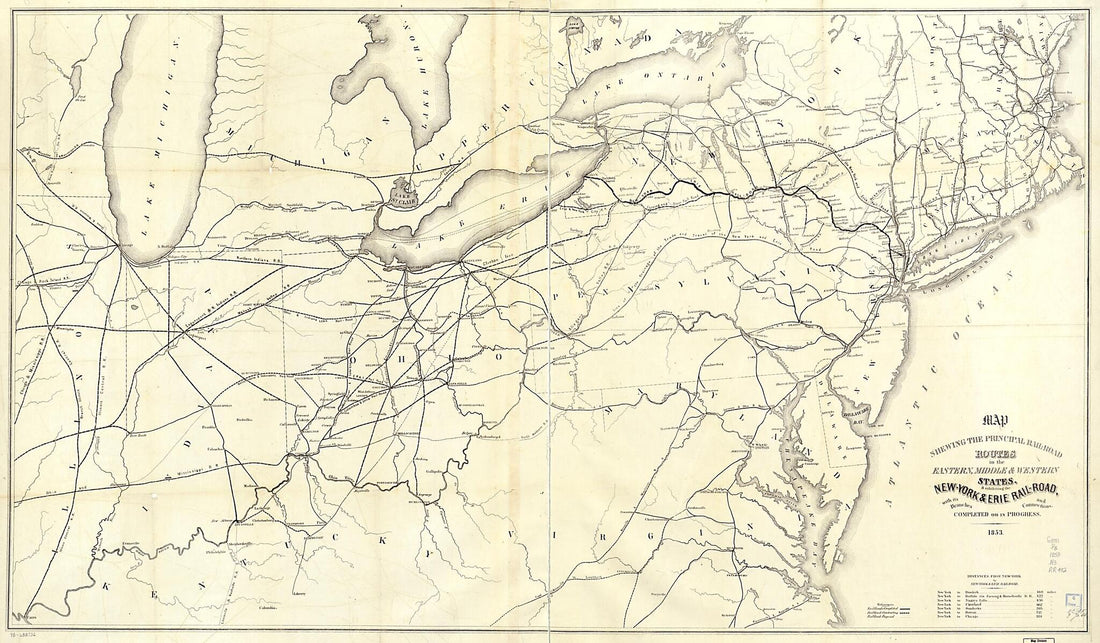 This old map of Road Routes In the Eastern, Middle & Western States, & Exhibiting the New-York & Erie Rail-Road, With Its Branches and Connections, Completed Or In Progress from 1853 was created by New York and Erie Railroad Company in 1853