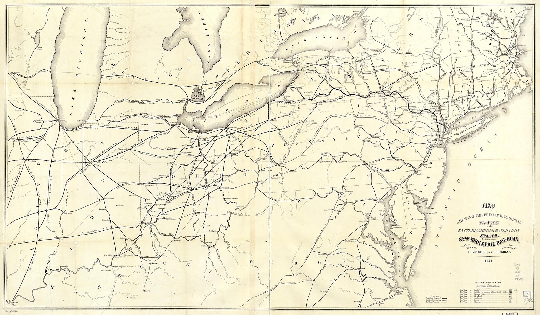 This old map of Road Routes In the Eastern, Middle & Western States, & Exhibiting the New-York & Erie Rail-Road, With Its Branches and Connections, Completed Or In Progress from 1853 was created by New York and Erie Railroad Company in 1853