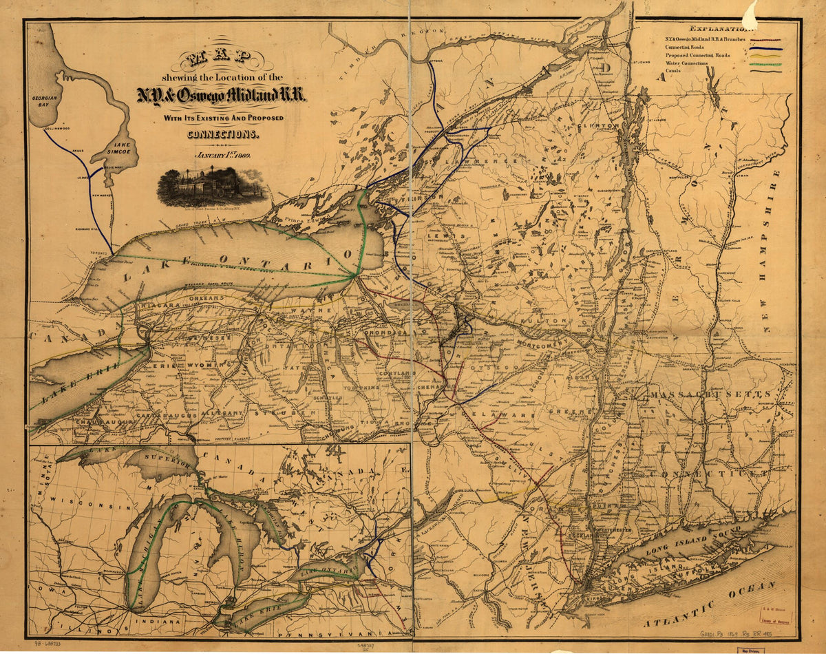 Map Showing the Location of the New York & Oswego Midland R.R. With Existing and Proposed Connection, January 1st 1869, by Van R. Richmond, State Engr. & Surv. by Relic Map Company