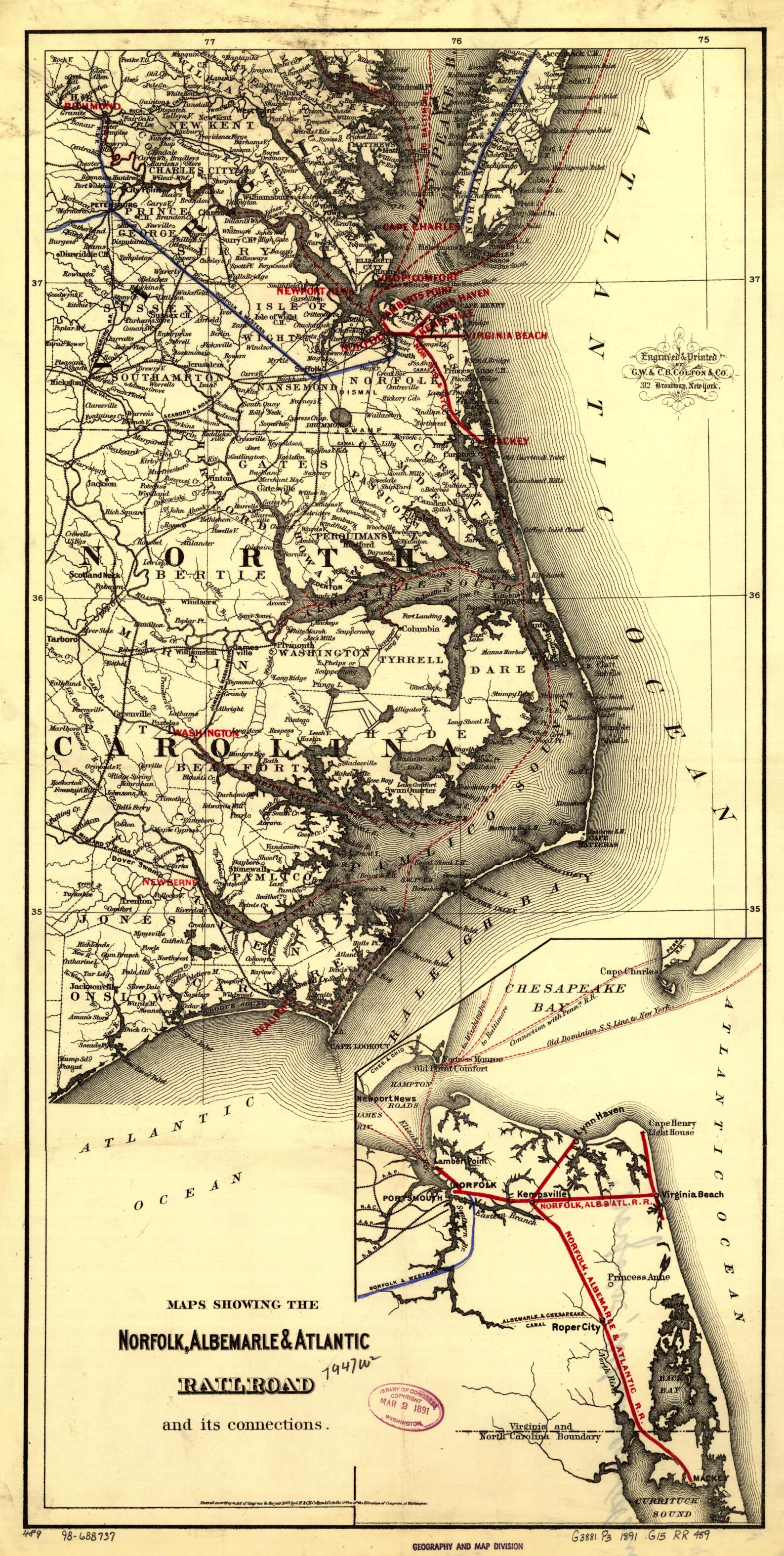 This old map of Maps Showing the Norfolk, Albermarle & Atlantic Railroad and Its Connections from 1891 was created by G.W. & C.B. Colton & Co, Albermarle Norfolk in 1891