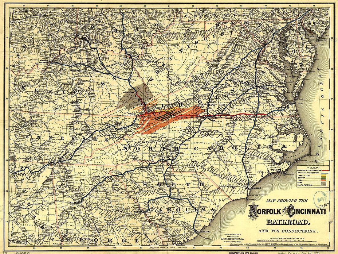 This old map of Map Showing the Norfolk and Cincinnati Railroad, and Its Connections from 1882 was created by G.W. & C.B. Colton & Co, Norfolk and Cincinnati Railroad in 1882