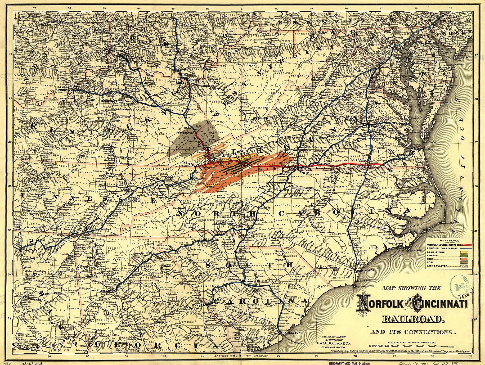 This old map of Map Showing the Norfolk and Cincinnati Railroad, and Its Connections from 1882 was created by G.W. & C.B. Colton & Co, Norfolk and Cincinnati Railroad in 1882