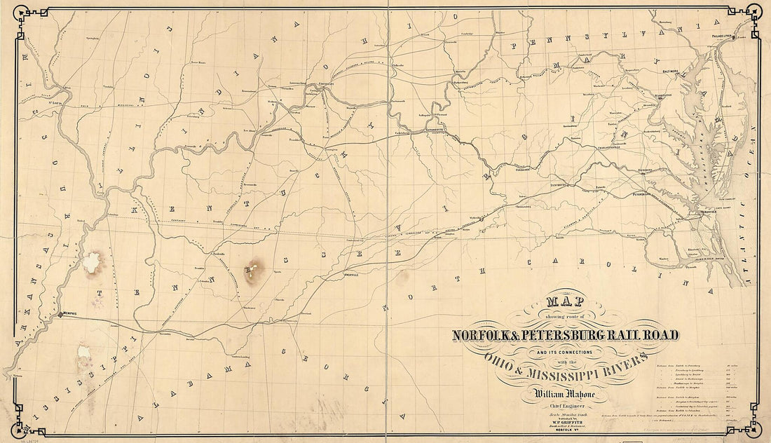 This old map of Map Showing Route of Norfolk & Petersburg Rail Road and Its Connections With Ohio & Mississippi Rivers, William Mahone, Chief Engineer, F. Bourquin & County, Philada from 1858 was created by William Mahone, Norfolk and Petersburg Railroa
