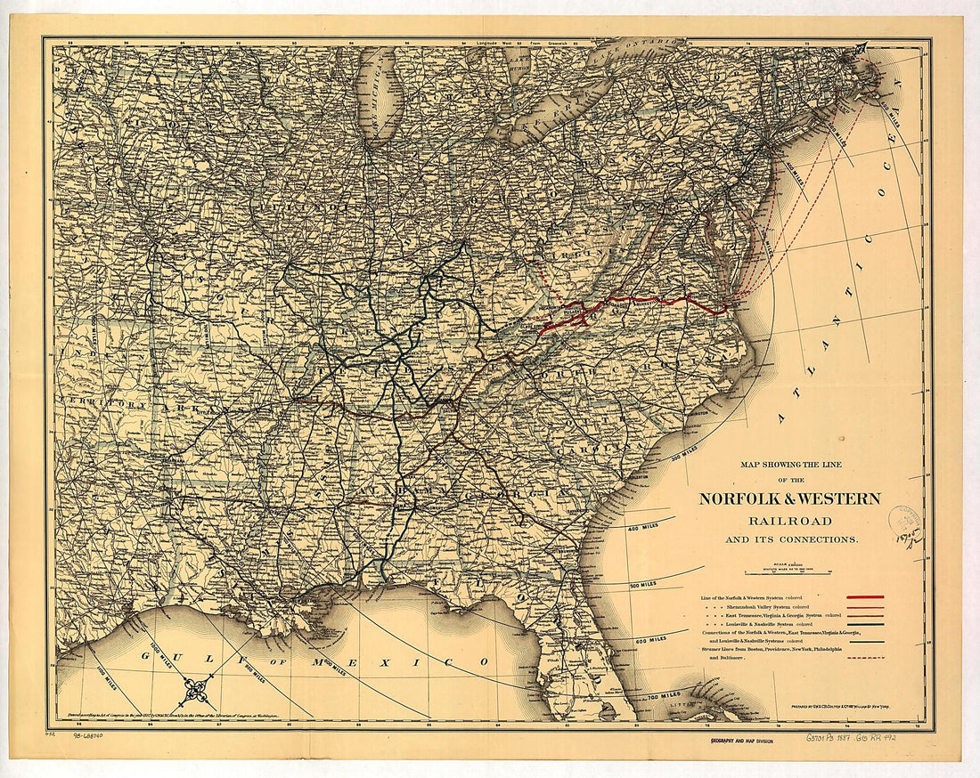 This old map of Map Showing the Norfolk & Western Railroad and Its Connections from 1887 was created by G.W. & C.B. Colton & Co, Norfolk and Western Railroad Company in 1887