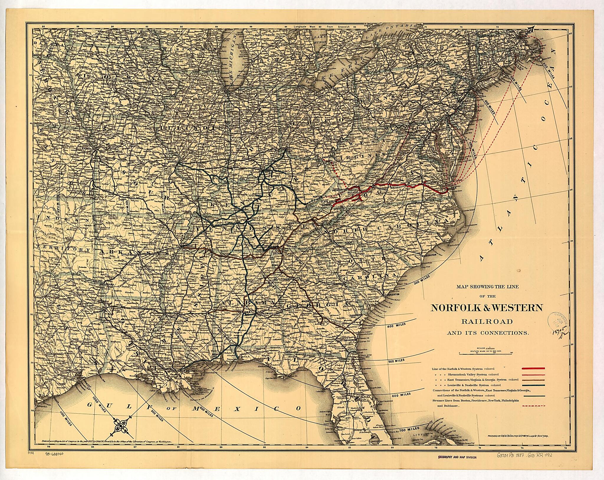 This old map of Map Showing the Norfolk & Western Railroad and Its Connections from 1887 was created by G.W. & C.B. Colton & Co, Norfolk and Western Railroad Company in 1887