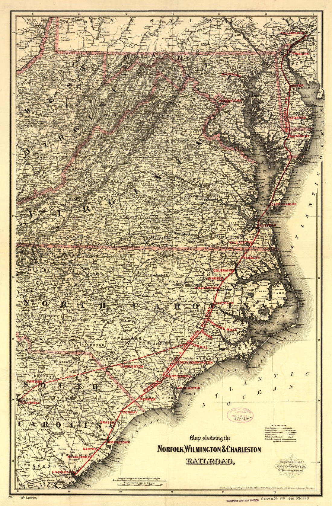 This old map of Map Showing the Norfolk, Wilmington & Charleston Railroad from 1891 was created by G.W. & C.B. Colton & Co, Wilmington Norfolk in 1891