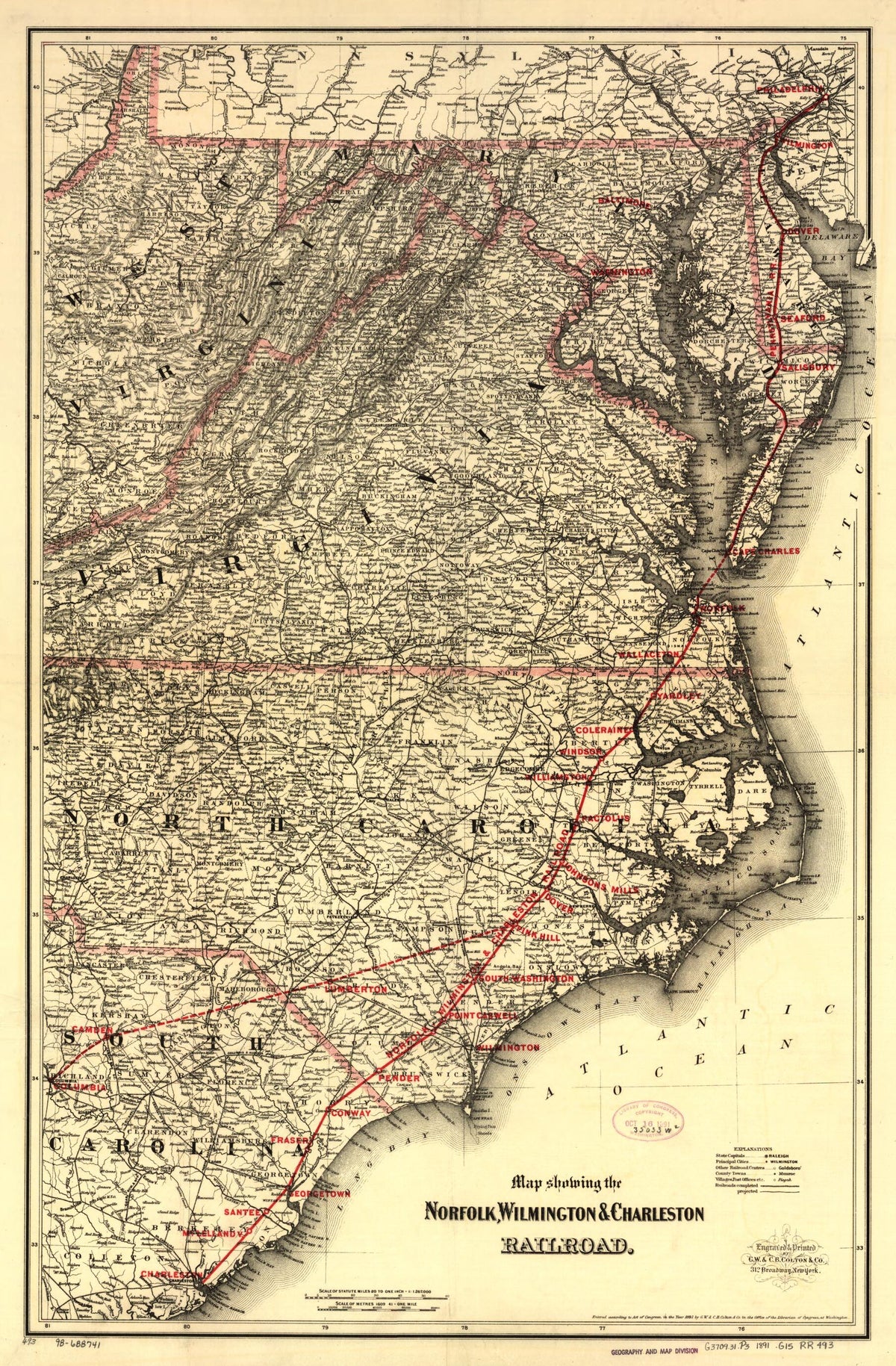 Map Showing the Norfolk, Wilmington & Charleston Railroad in 1891 by Relic Map Company