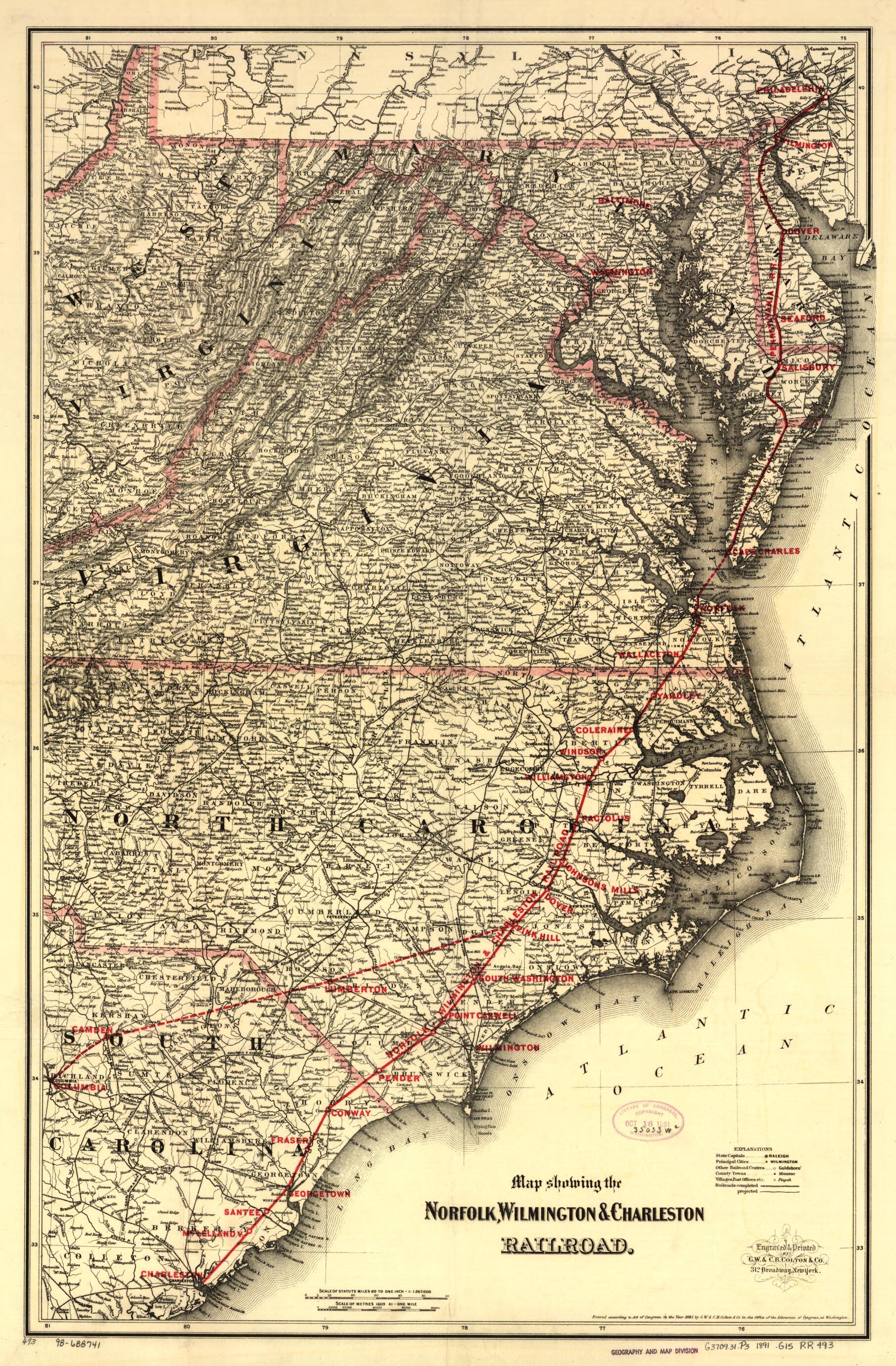 This old map of Map Showing the Norfolk, Wilmington & Charleston Railroad from 1891 was created by G.W. & C.B. Colton & Co, Wilmington Norfolk in 1891