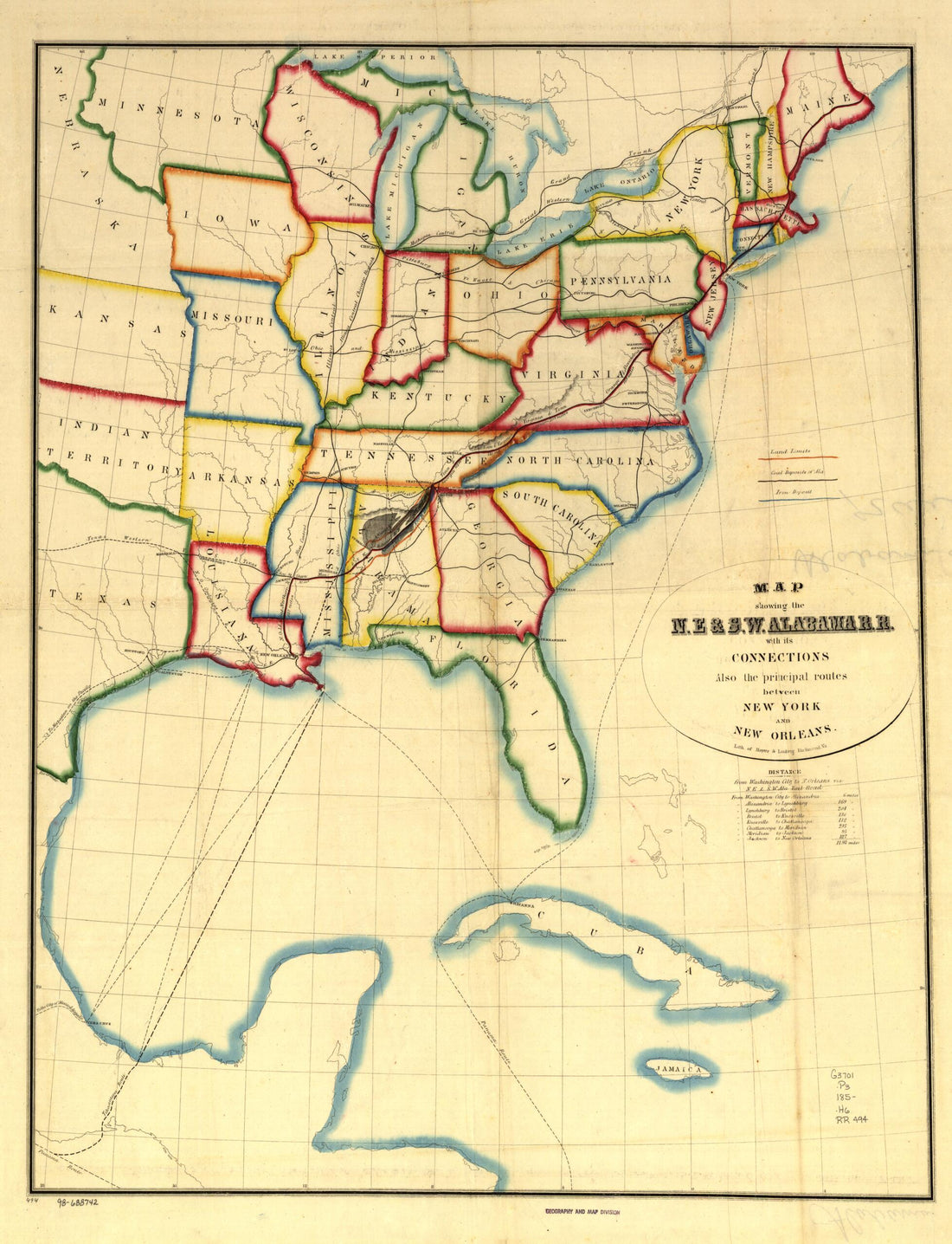 This old map of Map Showing the N.E. & S.W. Alabama R.R. With Its Connections Also the Principal Routes Between New York and New Orleans from 1850 was created by Hoyer & Ludwig, North East and South West Alabama Railroad in 1850