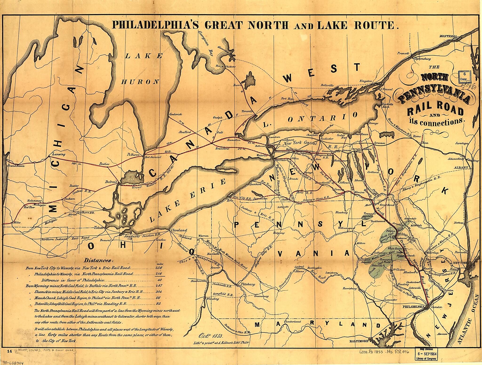 This old map of The North Pennsylvania Rail Road and Its Connections, Octr. from 1853 was created by Edward Miller, North Pennsylvania Railroad Company in 1853
