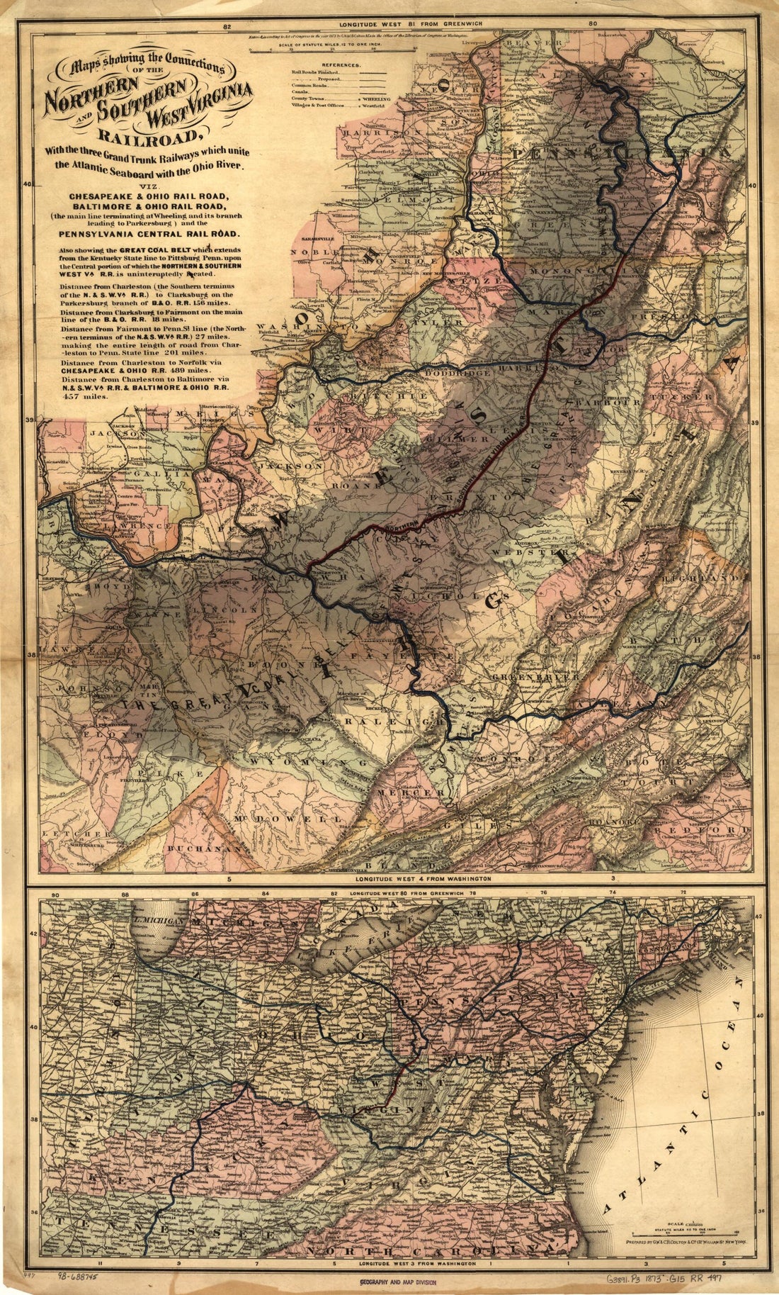 This old map of Maps Showing the Connections of the Northern and Southern West Virginia Railroad, With the Three Grand Trunk Railways Which Unite the Atlantic Seaboard With the Ohio River from 1873 was created by G.W. & C.B. Colton & Co, Northern and S