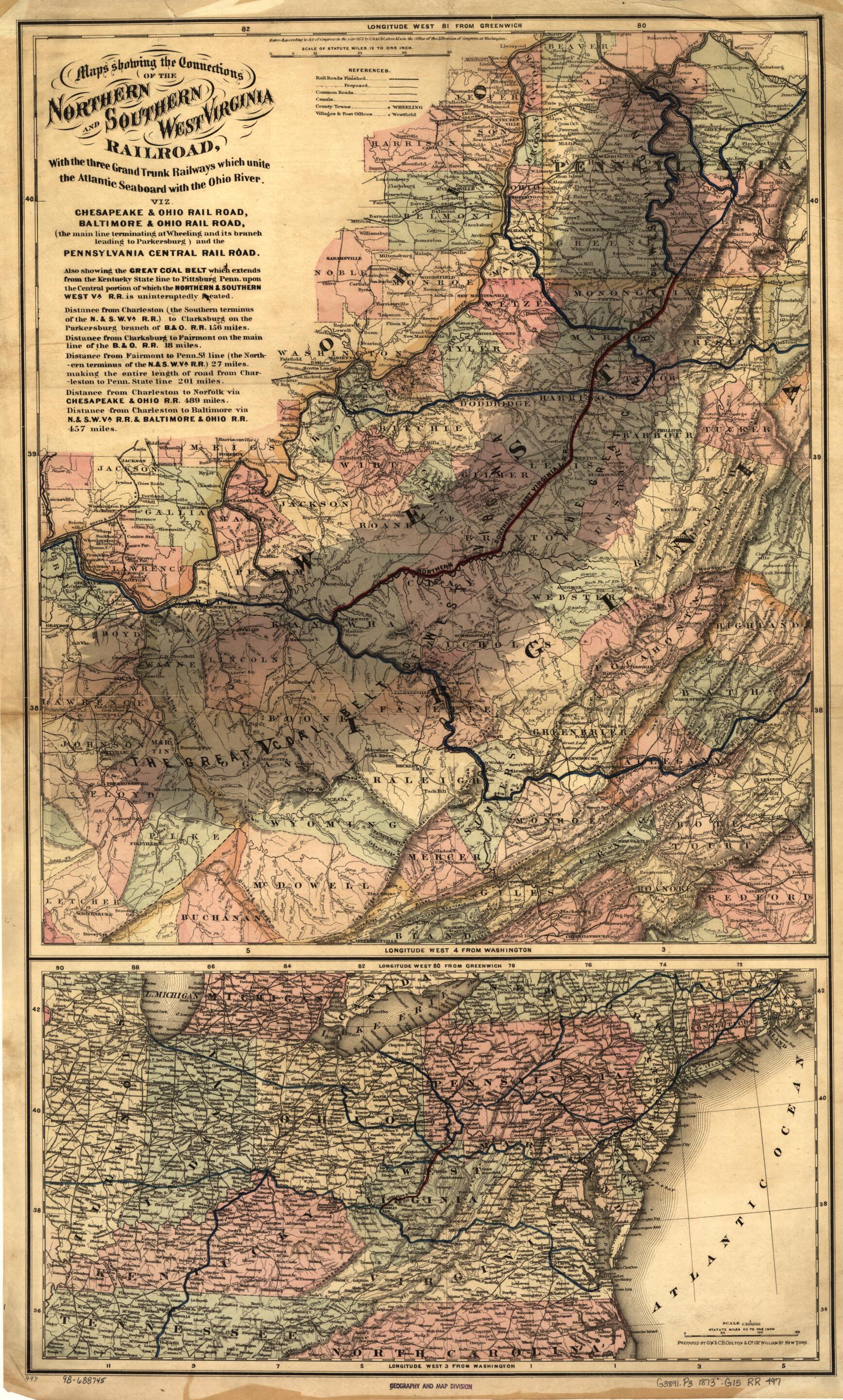 This old map of Maps Showing the Connections of the Northern and Southern West Virginia Railroad, With the Three Grand Trunk Railways Which Unite the Atlantic Seaboard With the Ohio River from 1873 was created by G.W. & C.B. Colton & Co, Northern and S