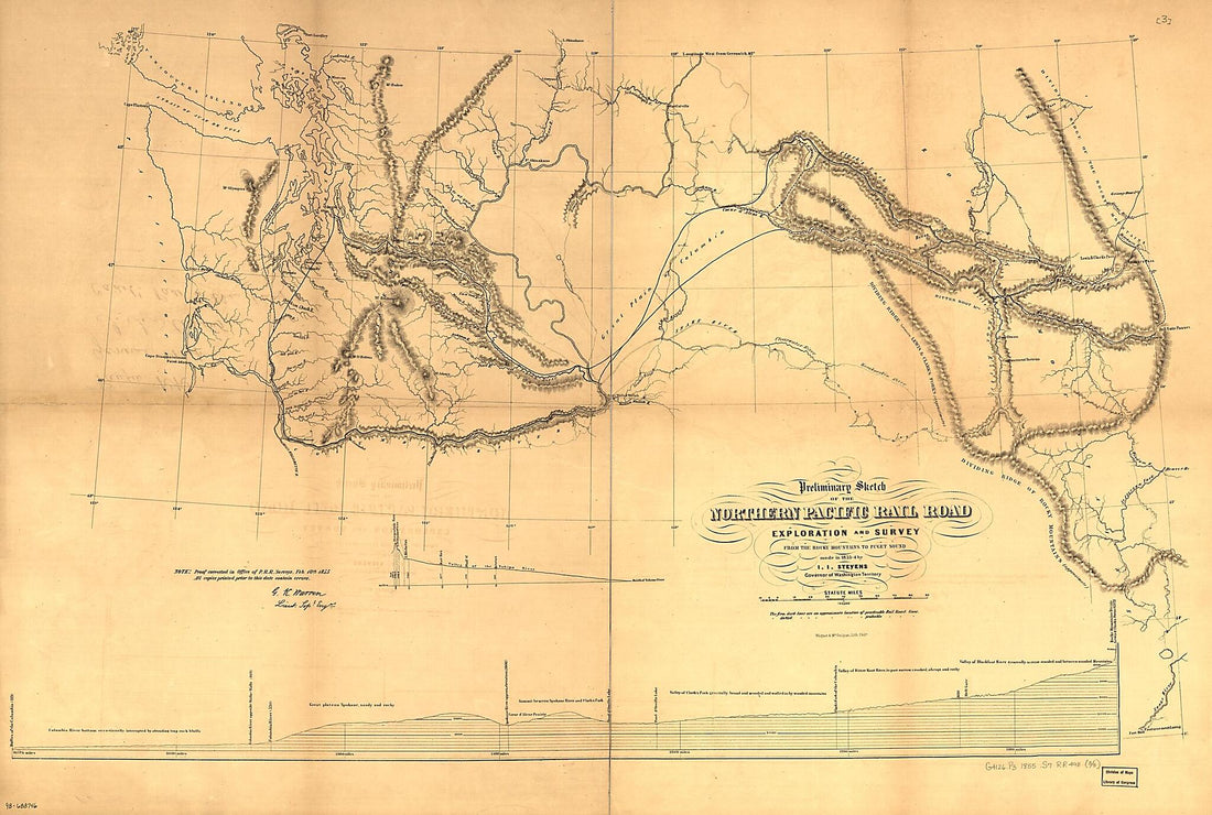 This old map of Preliminary Sketch of the Northern Pacific Rail Road Exploration and Survey, by I. I. Stevens, Governor of Washington Territory from 1855 was created by Northern Pacific Railroad Company, Isaac Ingalls Stevens in 1855