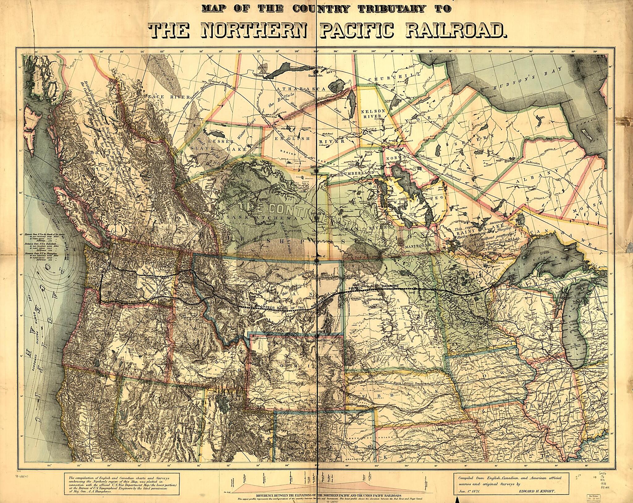 This old map of Map of the Country Tributary to the Northern Pacific Railroad, Compiled from English, Canadian, and American Official Sources and Original Surveys by Edward H. Knight, Jan. 1st from 1871 was created by E. H. (Edward H.) Knight, Northern