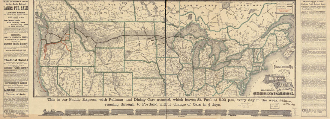 This old map of New and Correct Map of the Lines of the Northern Pacific Railroad and Oregon Railway & Navigation Co from 1883 was created by Northern Pacific Railroad Company, Rand McNally and Company in 1883