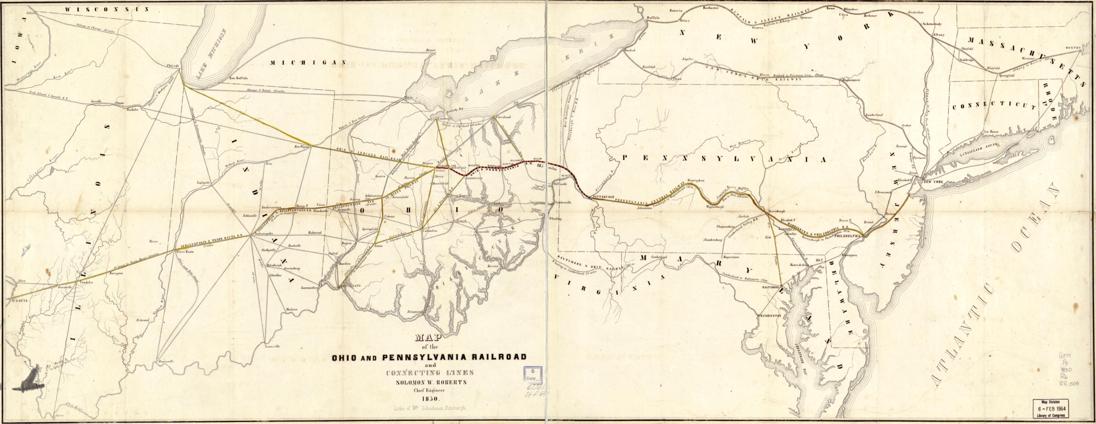 This old map of Map of the Ohio and Pennsylvania Railroad and Connecting Lines, Solomon W. Roberts, Chief Engineer from 1850 was created by Road Company, Solomon W. (Solomon White) Roberts in 1850