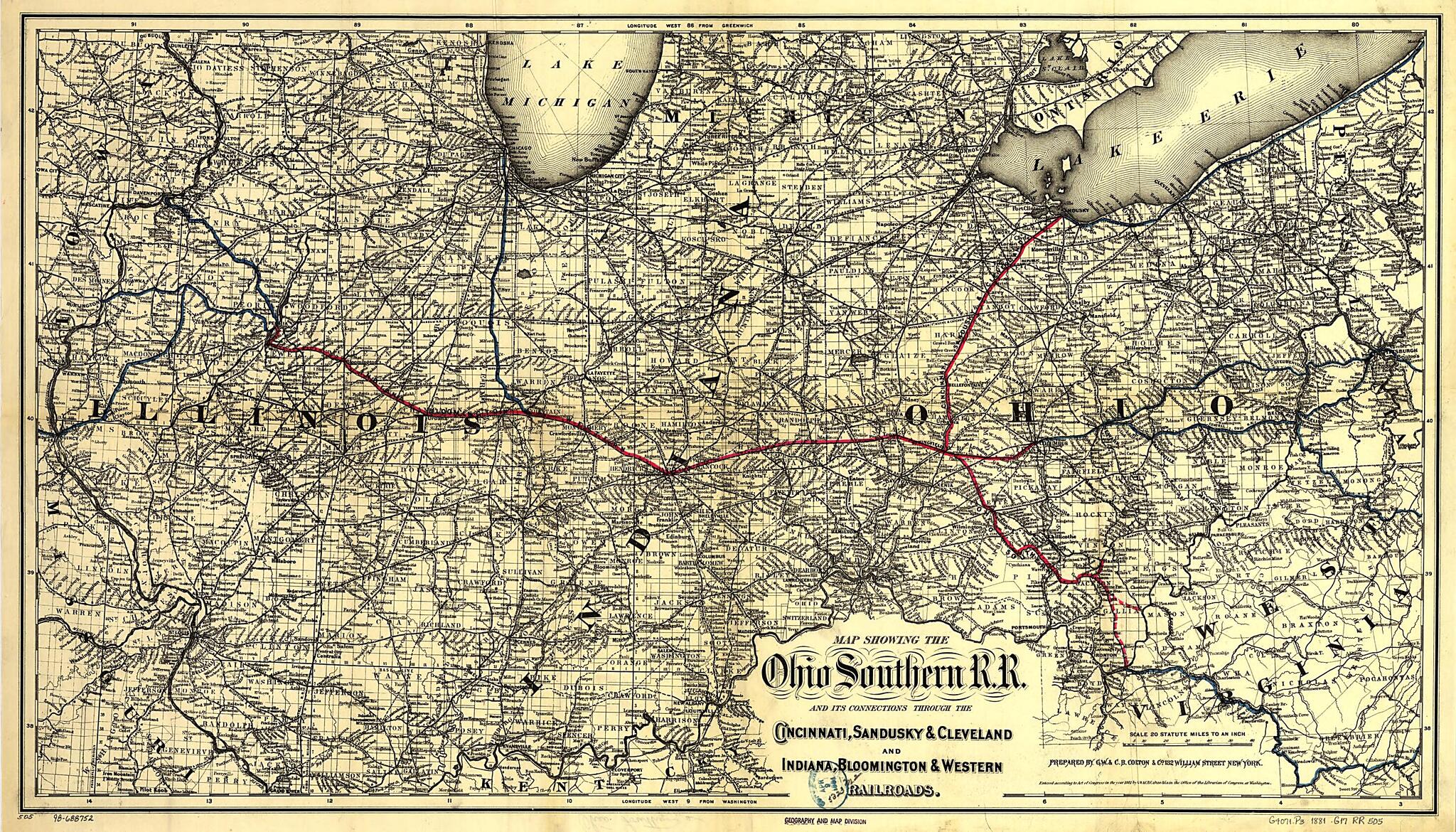 This old map of Map Showing the Ohio Southern Railroad and Its Connections Through the Cincinnati, Sandusky & Cleveland and Indiana, Bloomington & Western Railroads from 1881 was created by G.W. & C.B. Colton & Co, Ohio Southern Railroad in 1881