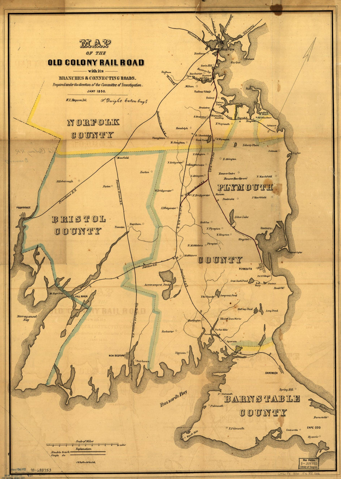This old map of Map of the Old Colony Rail Road With Its Branches & Connecting Roads, Prepared Under the Direction of the Committee of Investigation, Jany. from 1850, S. Dwight Eaton, Engr was created by W. E. Ferguson, Old Colony Railroad Company in 18