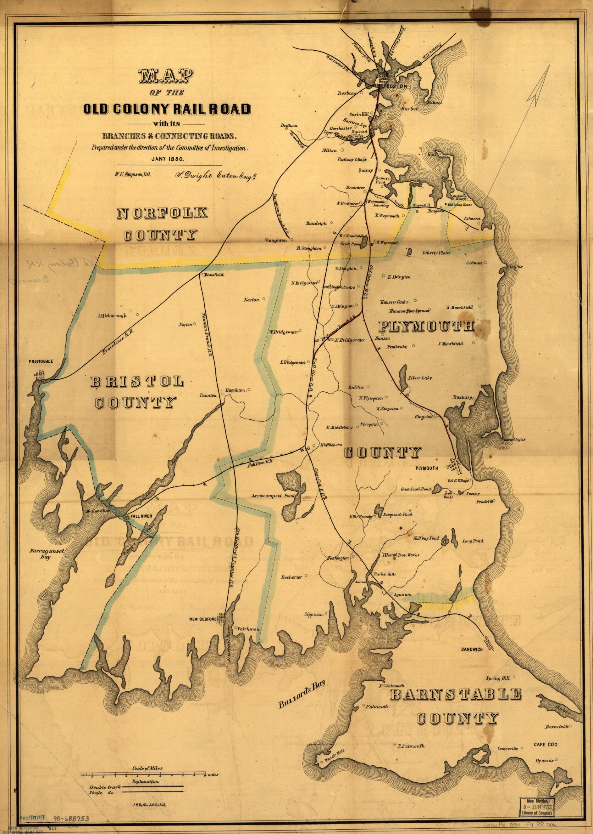 This old map of Map of the Old Colony Rail Road With Its Branches & Connecting Roads, Prepared Under the Direction of the Committee of Investigation, Jany. from 1850, S. Dwight Eaton, Engr was created by W. E. Ferguson, Old Colony Railroad Company in 18