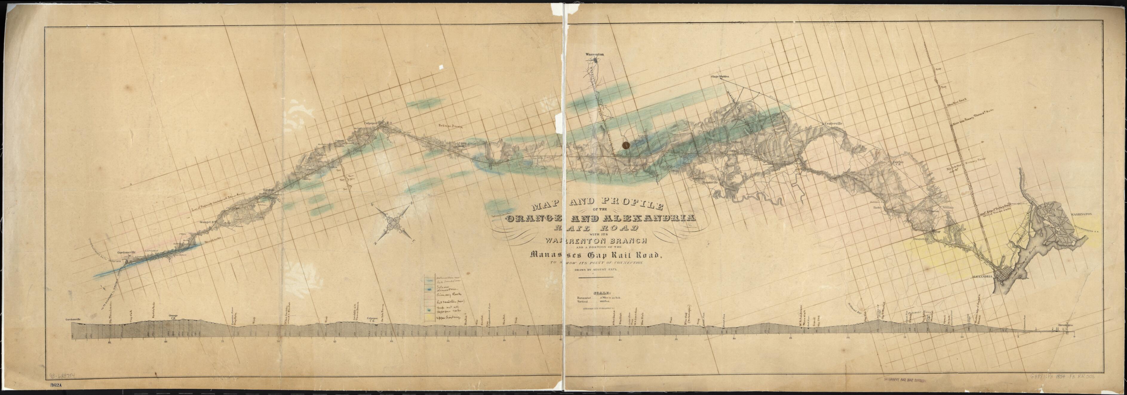This old map of Map and Profile of the Orange and Alexandria Rail Road With Its Warrenton Branch and a Portion of the Manasses sic Gap Rail Road, to Show Its Point of Connection from 1854 was created by August Faul, Orange and Alexandria Railroad Compan