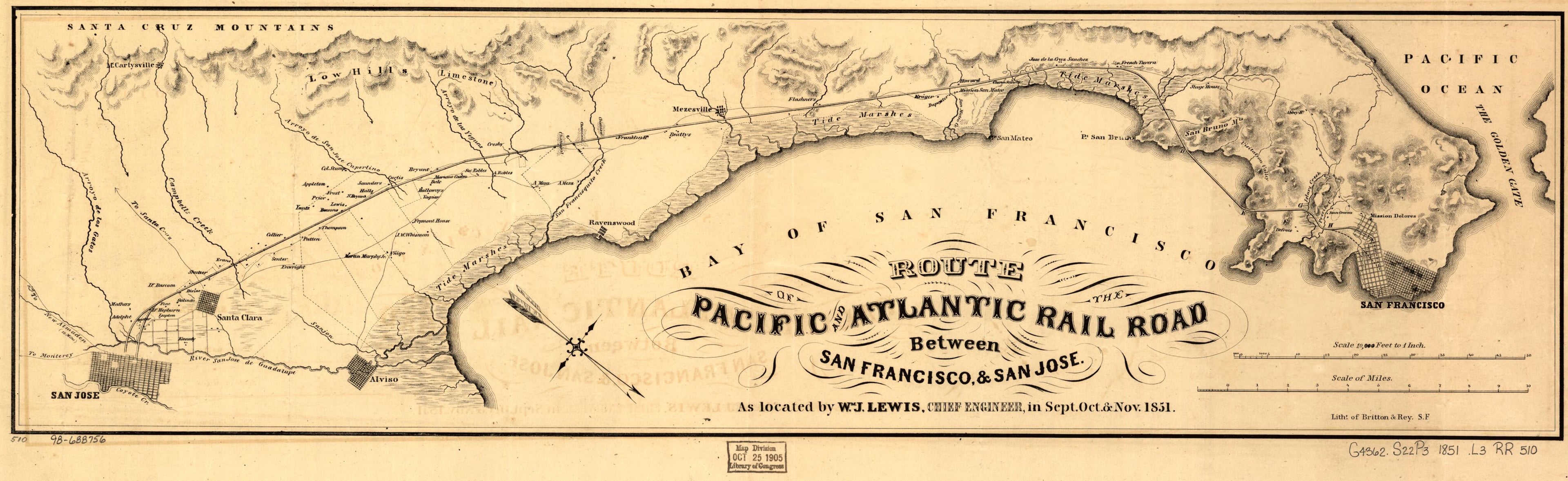 This old map of Route of the Pacific and Atlantic Rail Road Between San Francisco, & San Jose, As Located by Wm. J. Lewis, Chief Engineer, In Sept. Oct. & Nov. from 1851 was created by William J. Lewis, Pacific and Atlantic Railroad Company in 1851