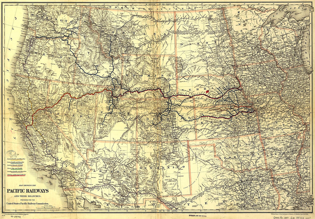 This old map of Map Showing the Pacific Railroads and Their Branches; Prepared for the United States Pacific Railway Commission from 1887 was created by G.W. & C.B. Colton & Co, Union Pacific Railway Company in 1887