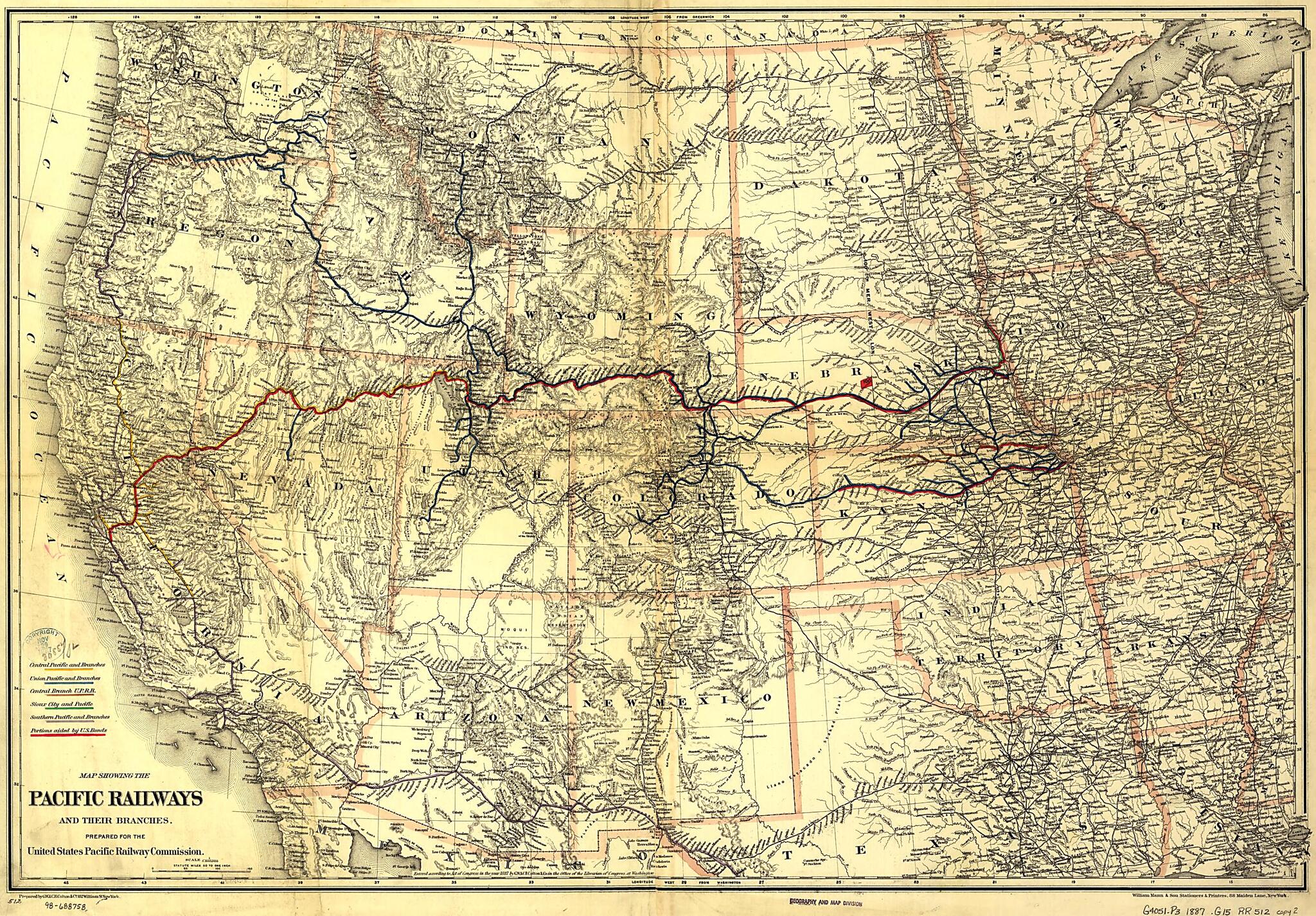 This old map of Map Showing the Pacific Railroads and Their Branches; Prepared for the United States Pacific Railway Commission from 1887 was created by G.W. & C.B. Colton & Co, Union Pacific Railway Company in 1887