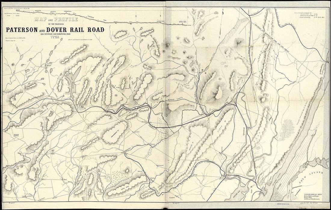 This old map of Map and Profile of the Proposed Paterson and Dover Rail Road and Paterson and Ramapo Rail Road from 1847 was created by J. W. Allen, Paterson and Dover Railroad in 1847