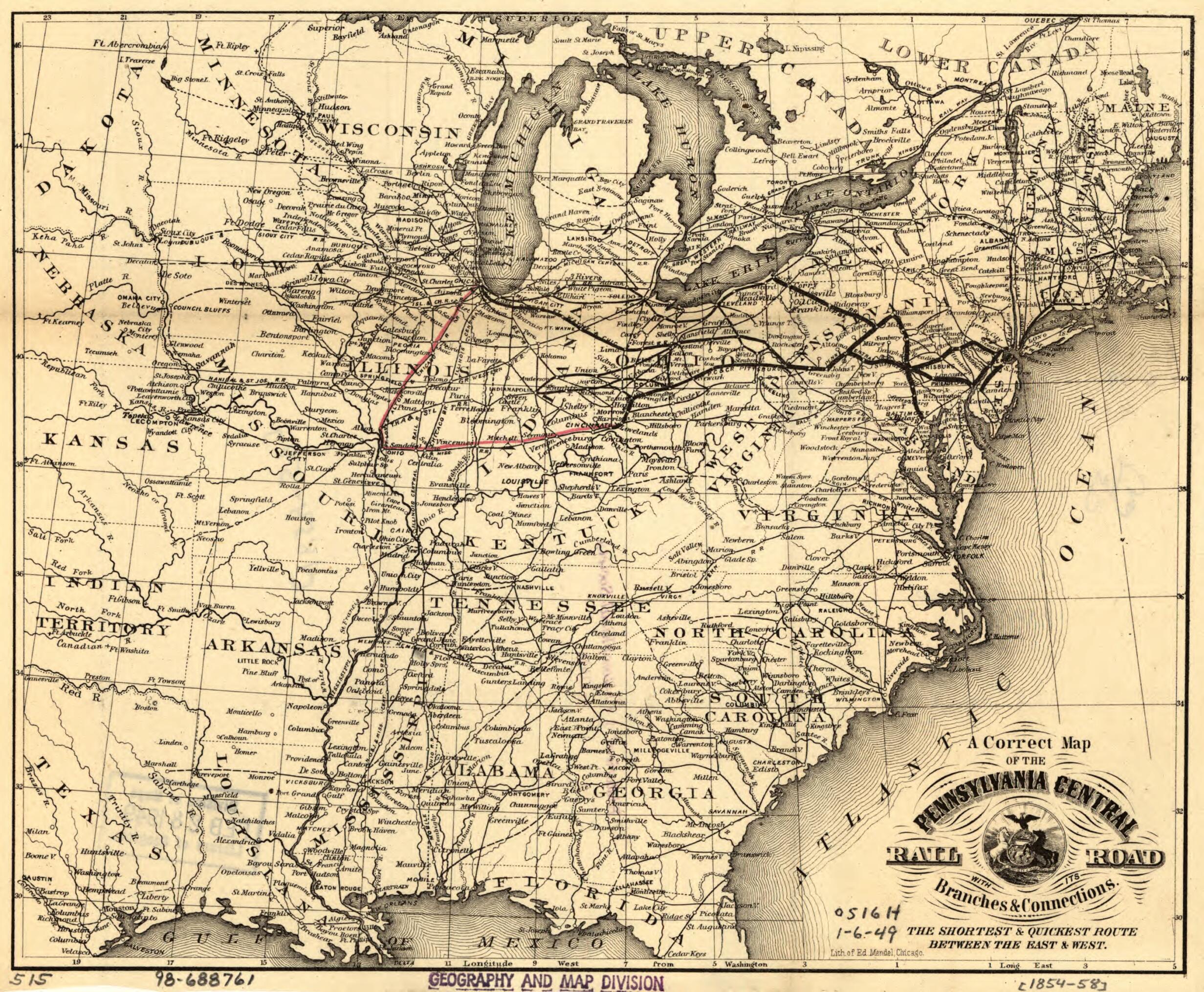 This old map of A Correct Map of the Pennsylvania Central Rail Road With Its Branches & Connections, the Shortest & Quickest Route Between the East & West from 1854 was created by Edward Mendel, Pennsylvania Railroad in 1854